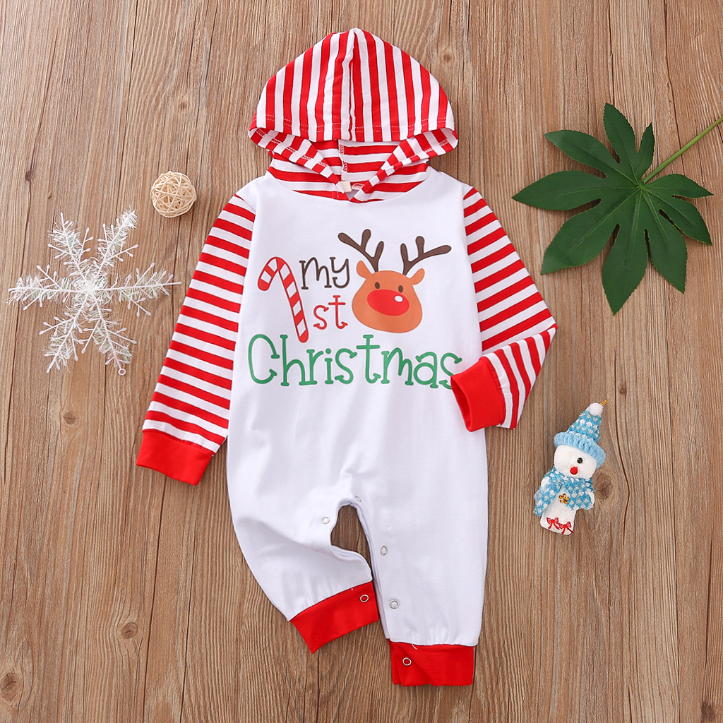 

Baby Christmas Elk Striped Hooded Jumpsuit