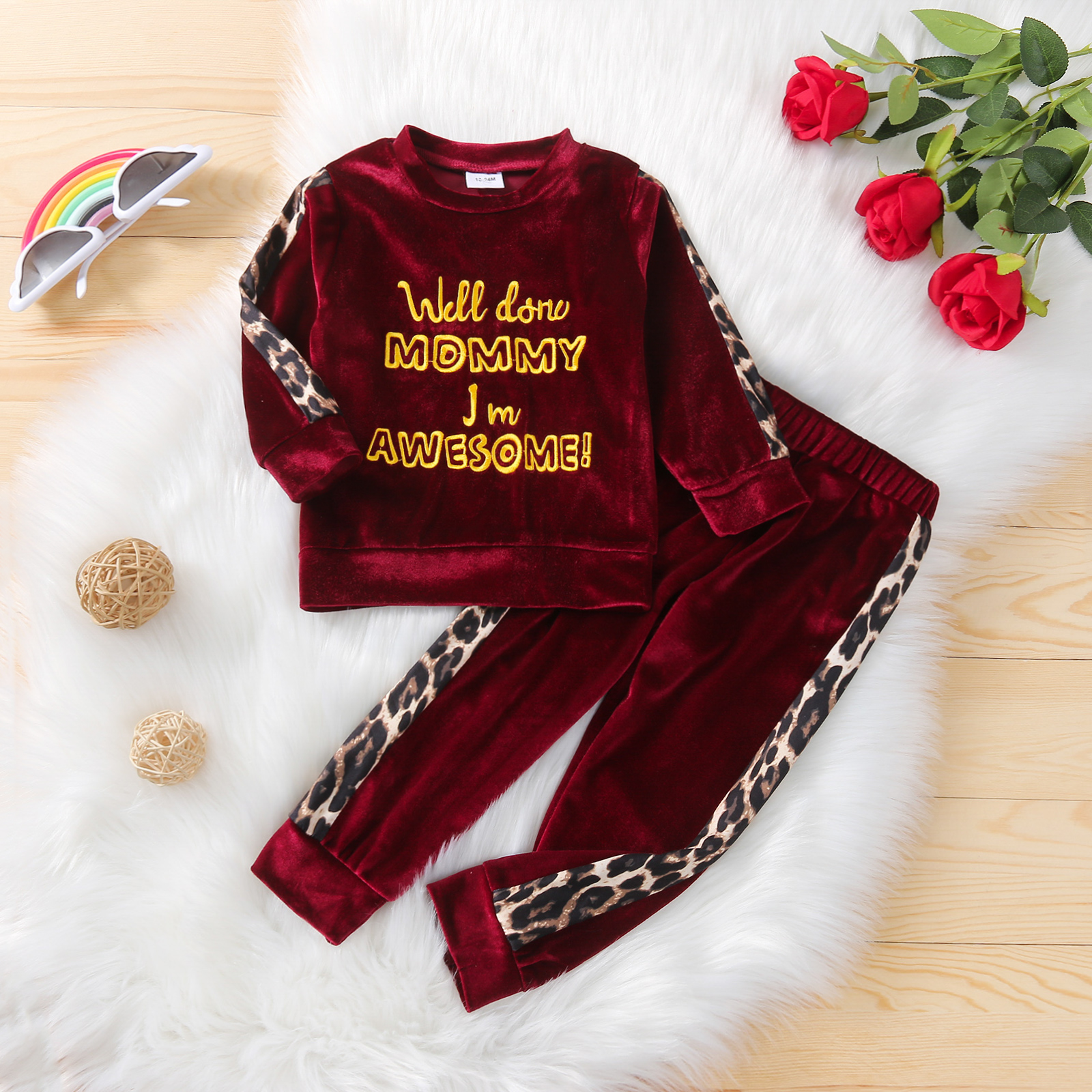 

2-piece Toddler Girl Letter Embroidered Leopard Print Velvet Pullover Sweatshirt and Pants Set