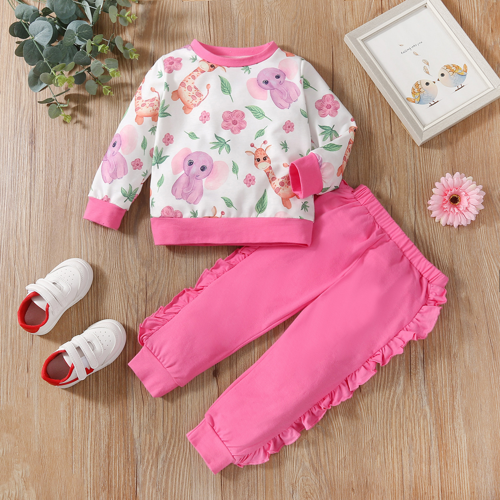 

2-piece Toddler Girl Floral Print Pullover Sweatshirt and Ruffled Pants Set