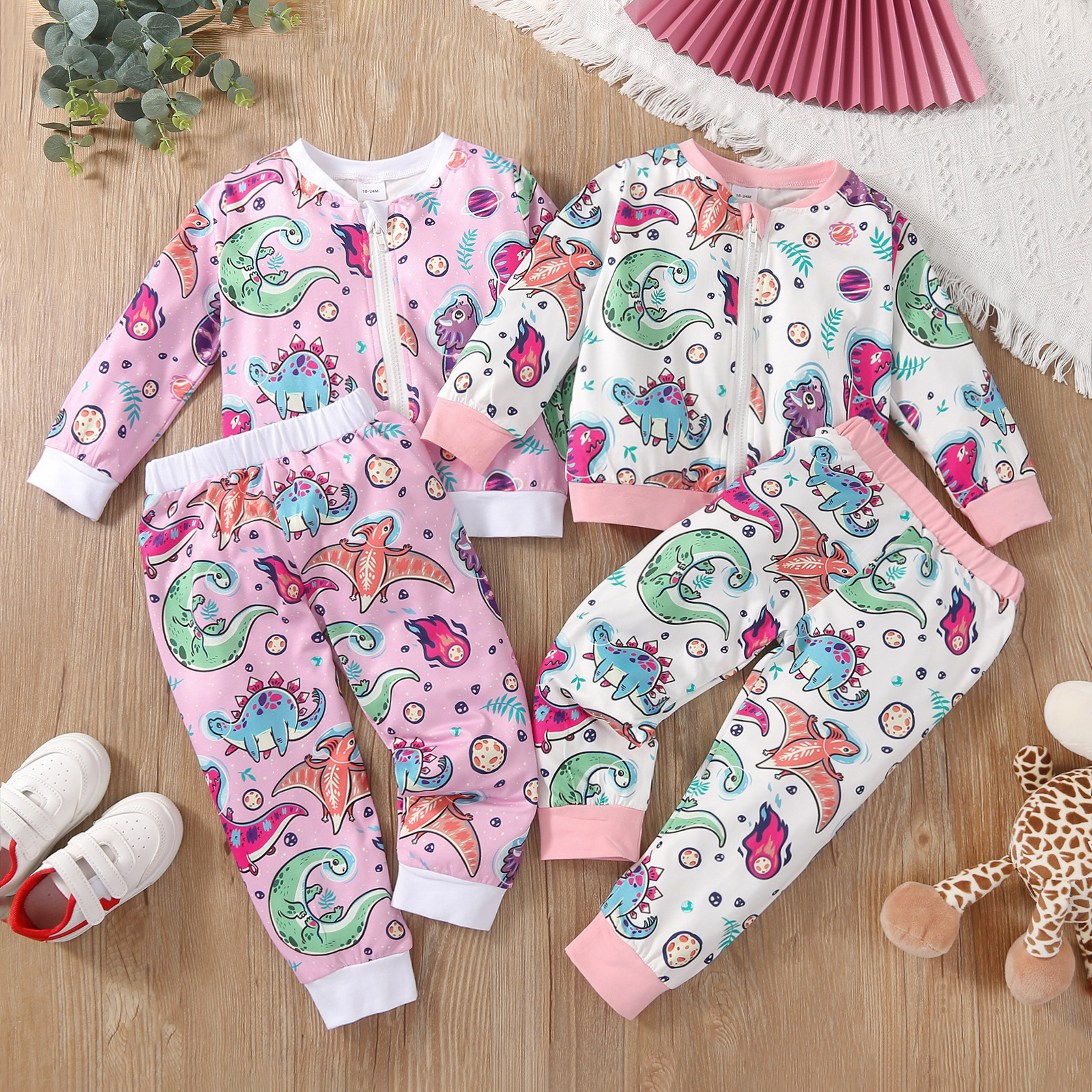 

2-piece Toddler Girl Animal Dinosaur Print Zipper Jacket and Pants Set