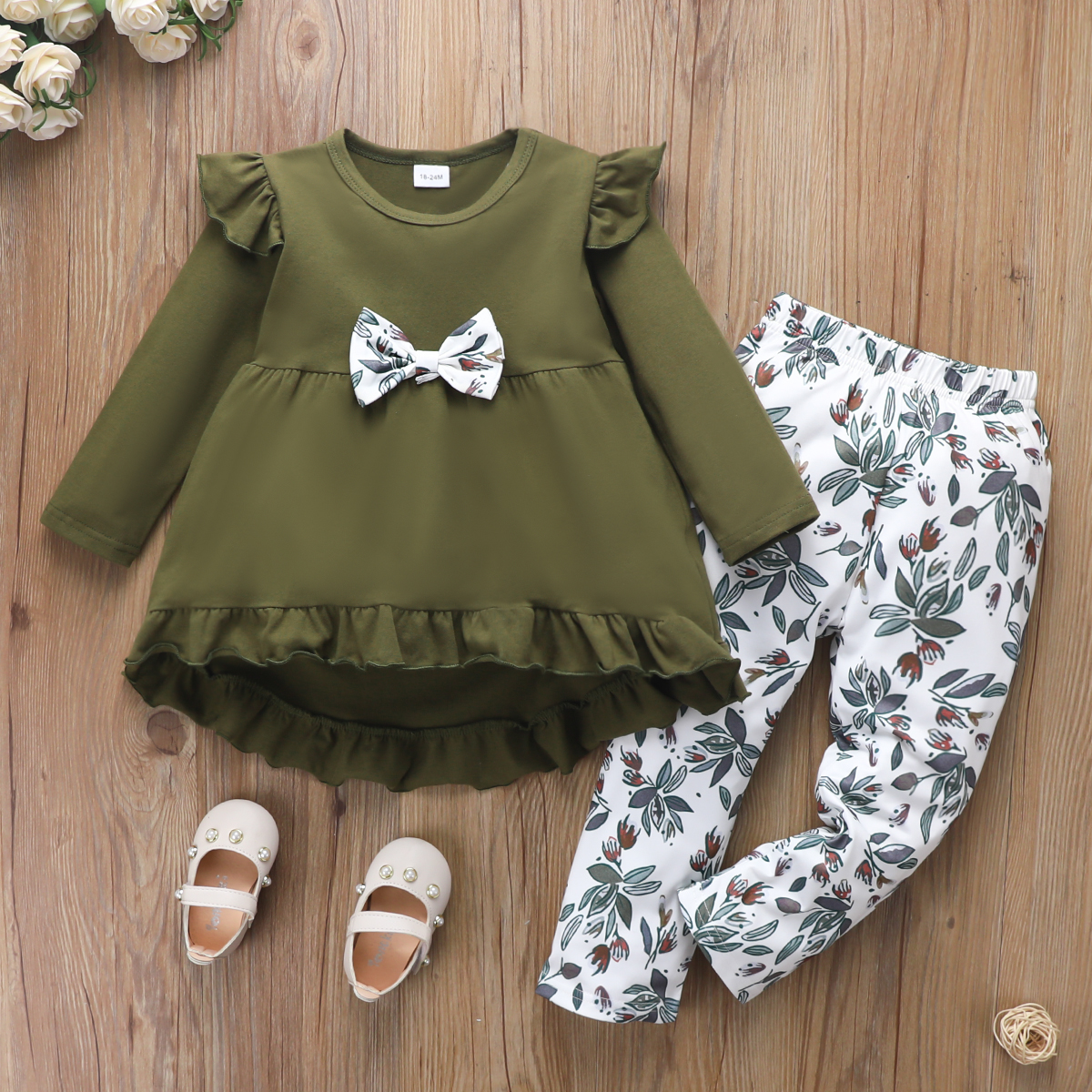 

2-piece Toddler Girl Bowknot Design Ruffled Long-sleeve Green Top and Floral Print Pants Set