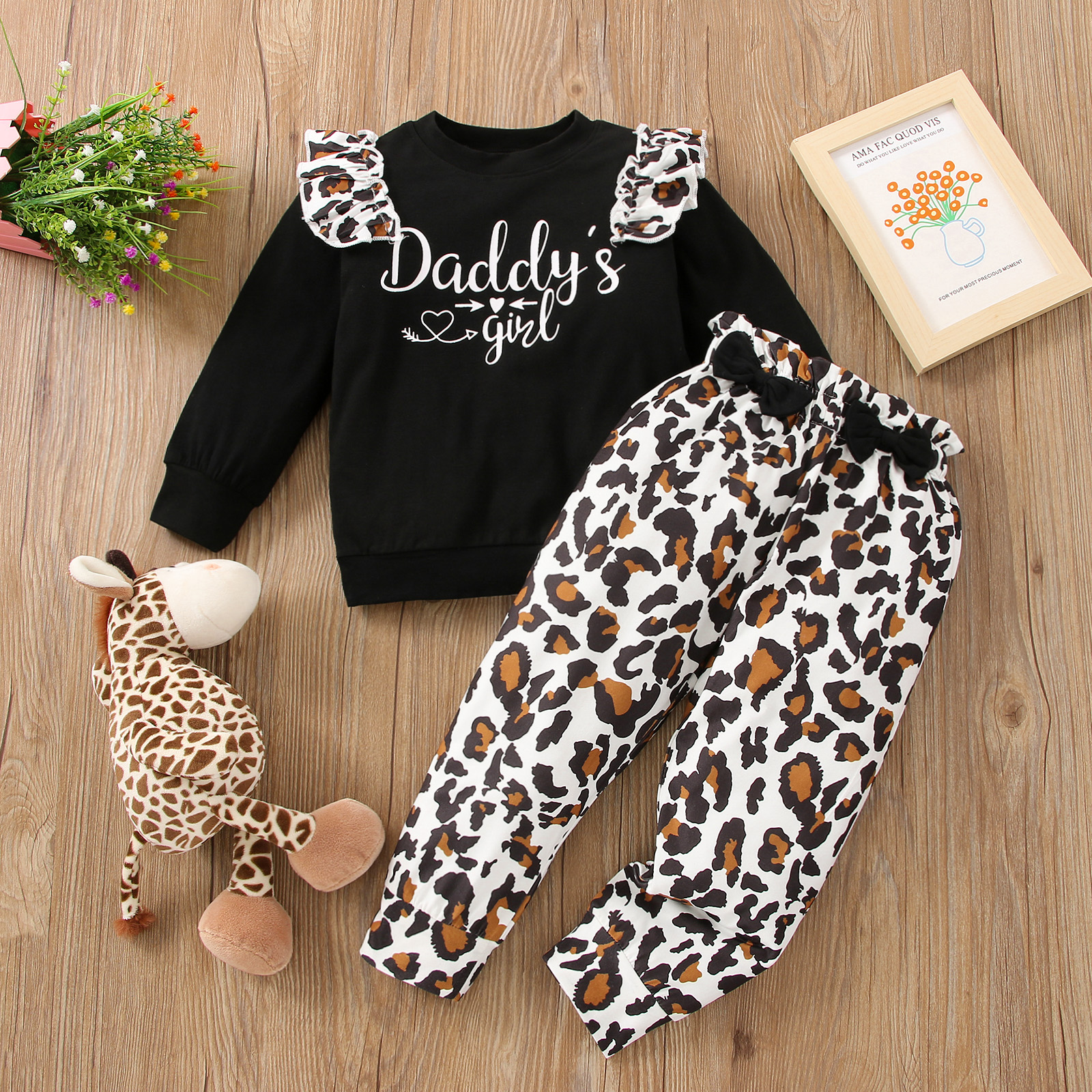 

2-piece Toddler Girl Letter Print Ruffled Black Sweatshirt and Leopard Print Paperbag Pants Set