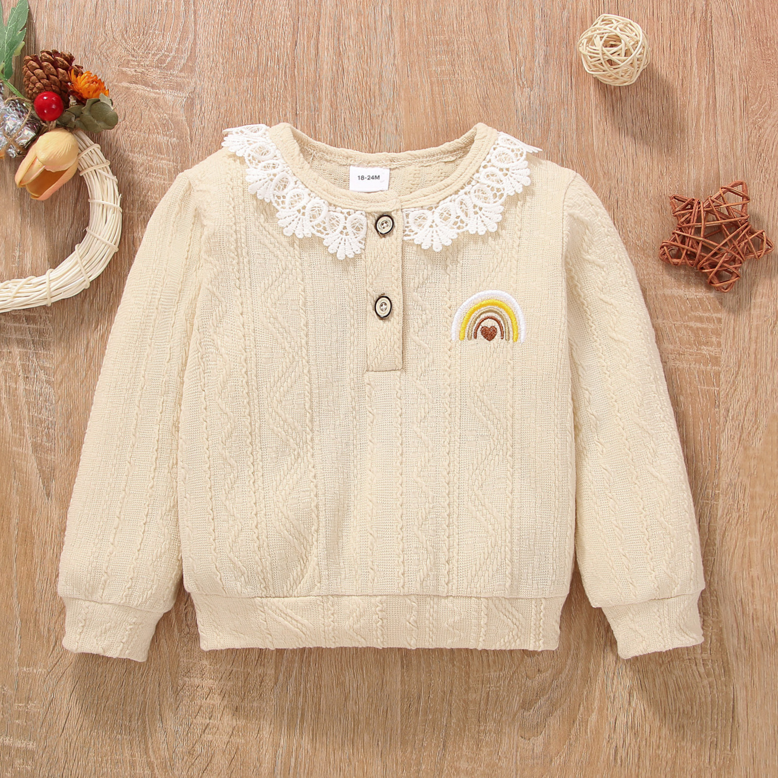 

Toddler Girl Rainbow Embroidered Lace Design Knit Textured Sweatshirt