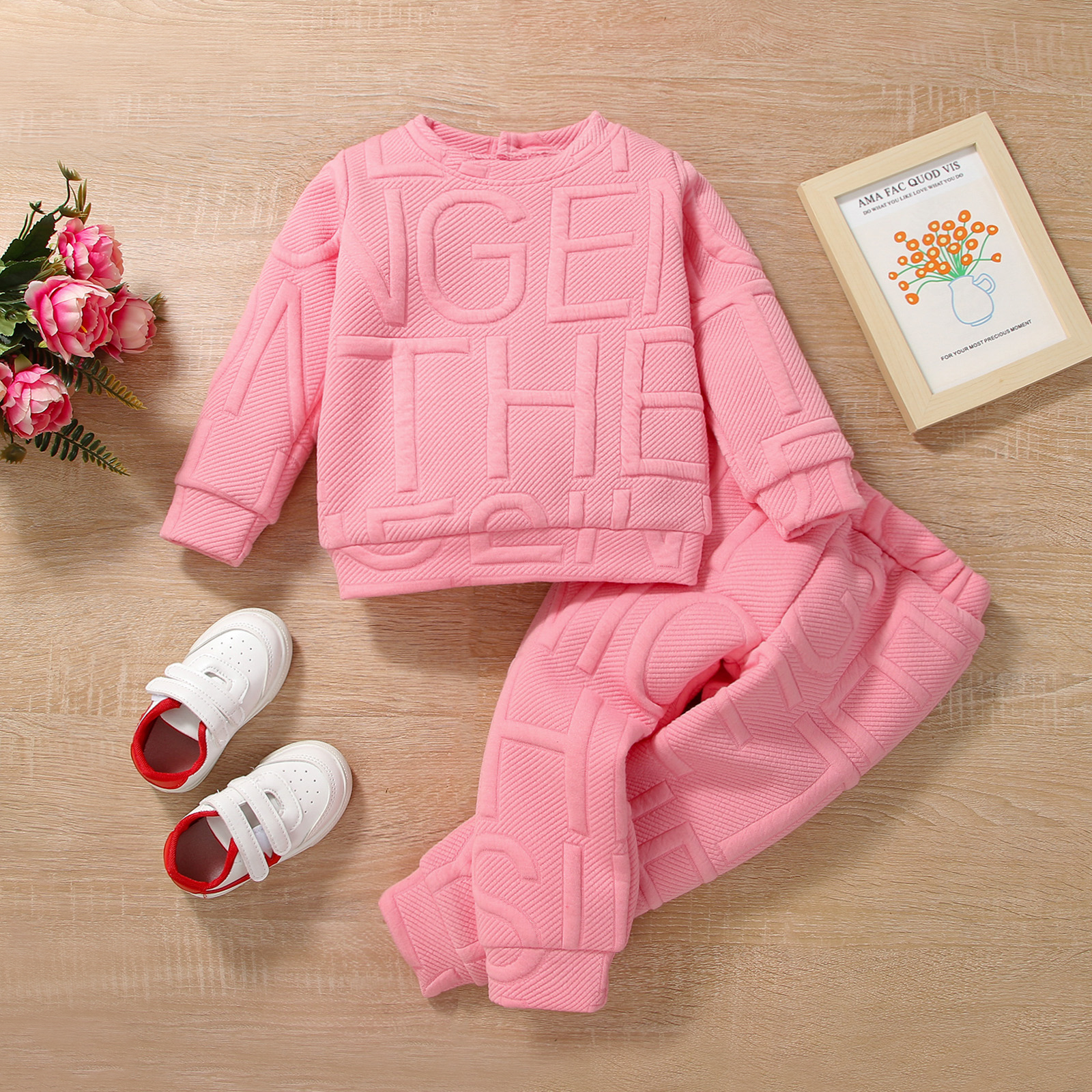 

2-piece Toddler Girl Letter Textured Pink Pullover Sweatshirt and Elasticized Pants Set