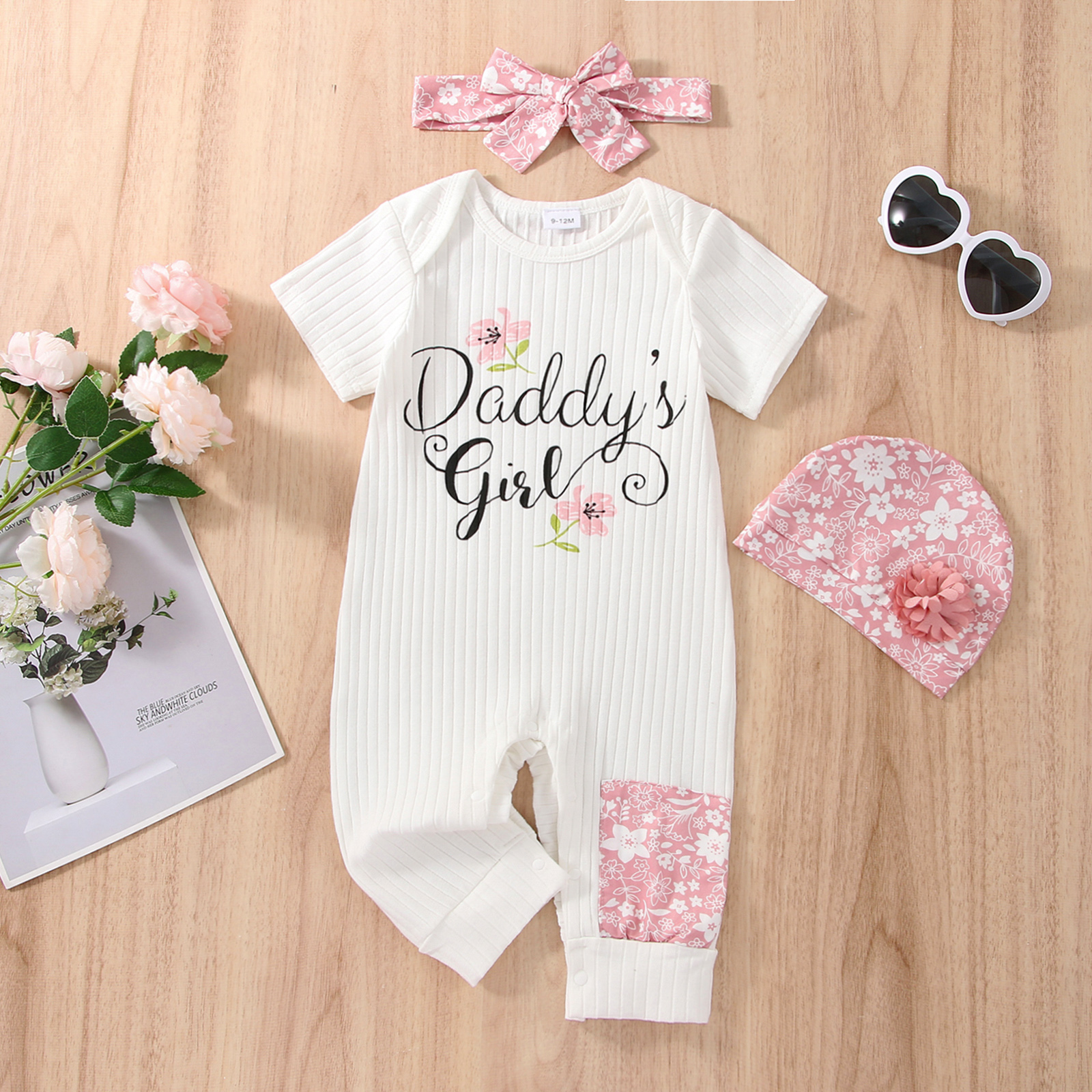 

3pcs Baby Girl Cotton Ribbed Short-sleeve Letter Print Jumpsuit with Floral Hat and Headband Set