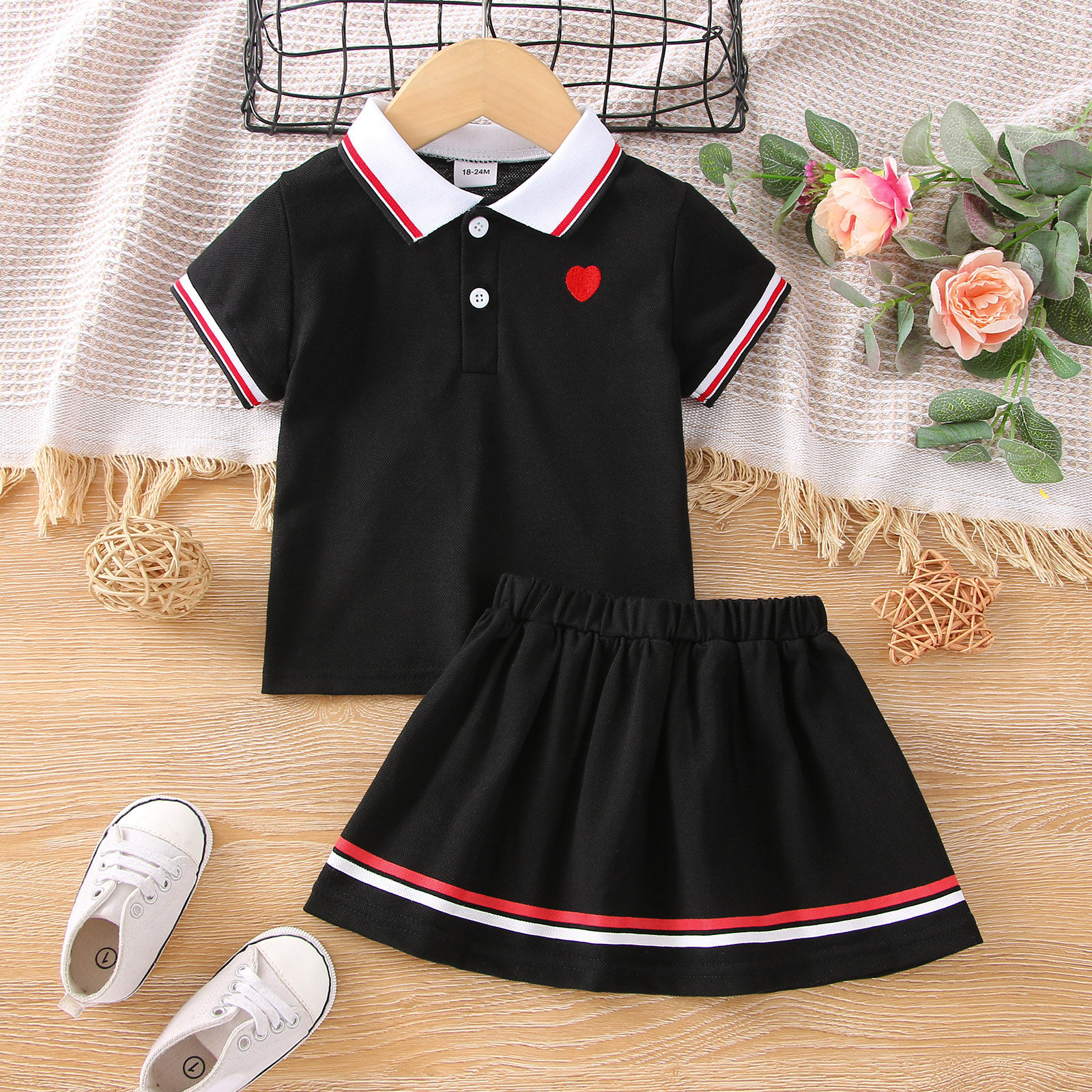 

2pcs Toddler Girl Preppy style Heart Embroidered Short-sleeve Polo Shirt and Striped Skirt Set