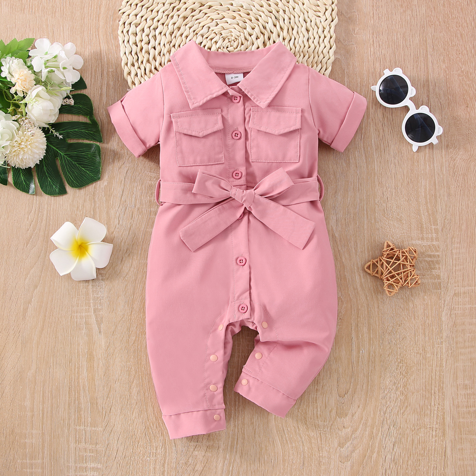 

Baby Girl Solid Button Front Belted Short-sleeve Jumpsuit with Pockets