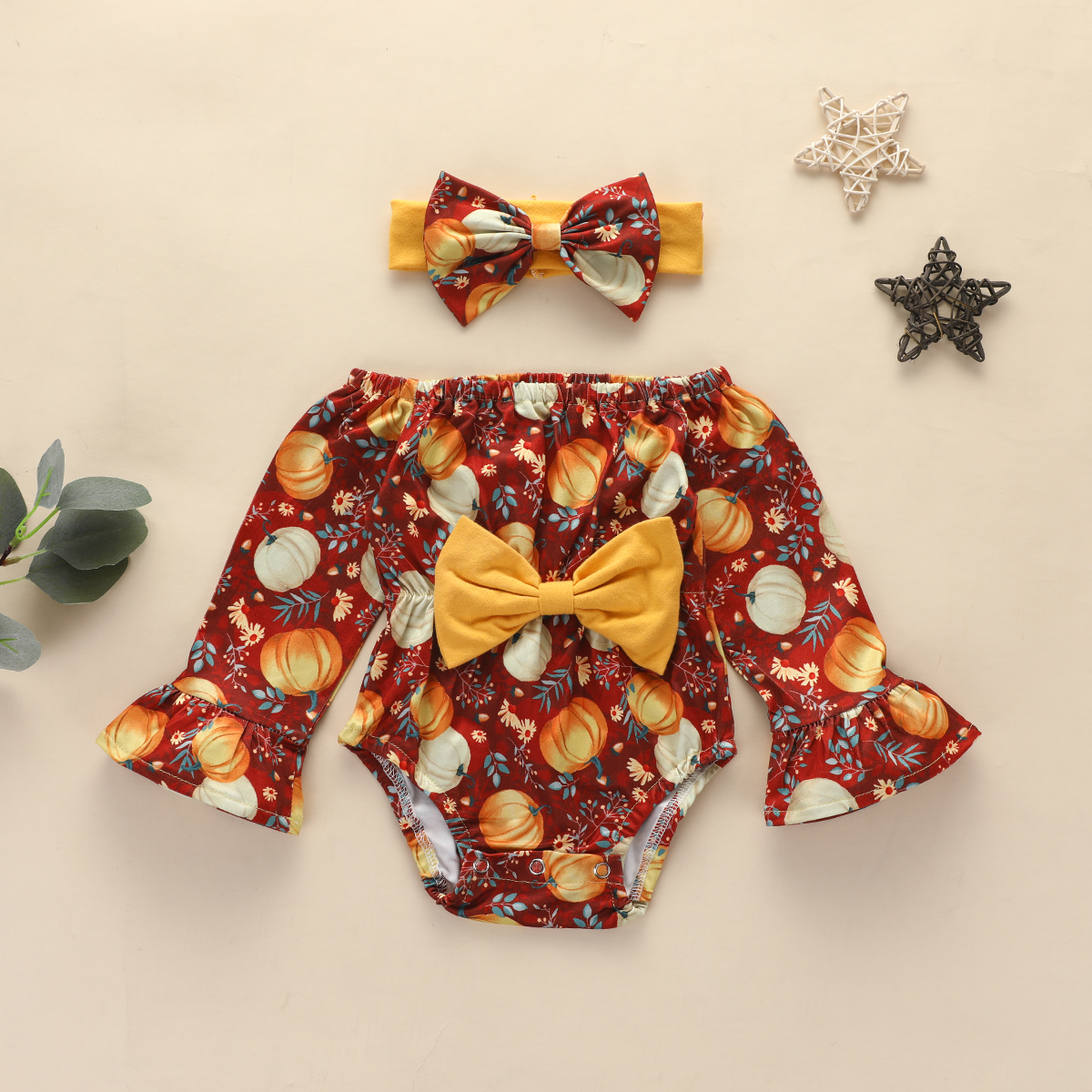 

2-piece Baby Halloween Pumpkin Bowknot Romper with Headband