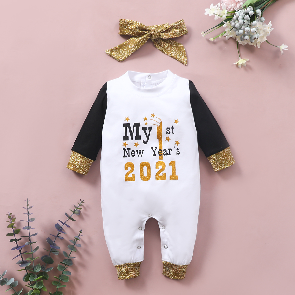 

2-piece Baby Letter MY 1ST NEW YEAR'S 2021 Jumpsuit and Headband Set