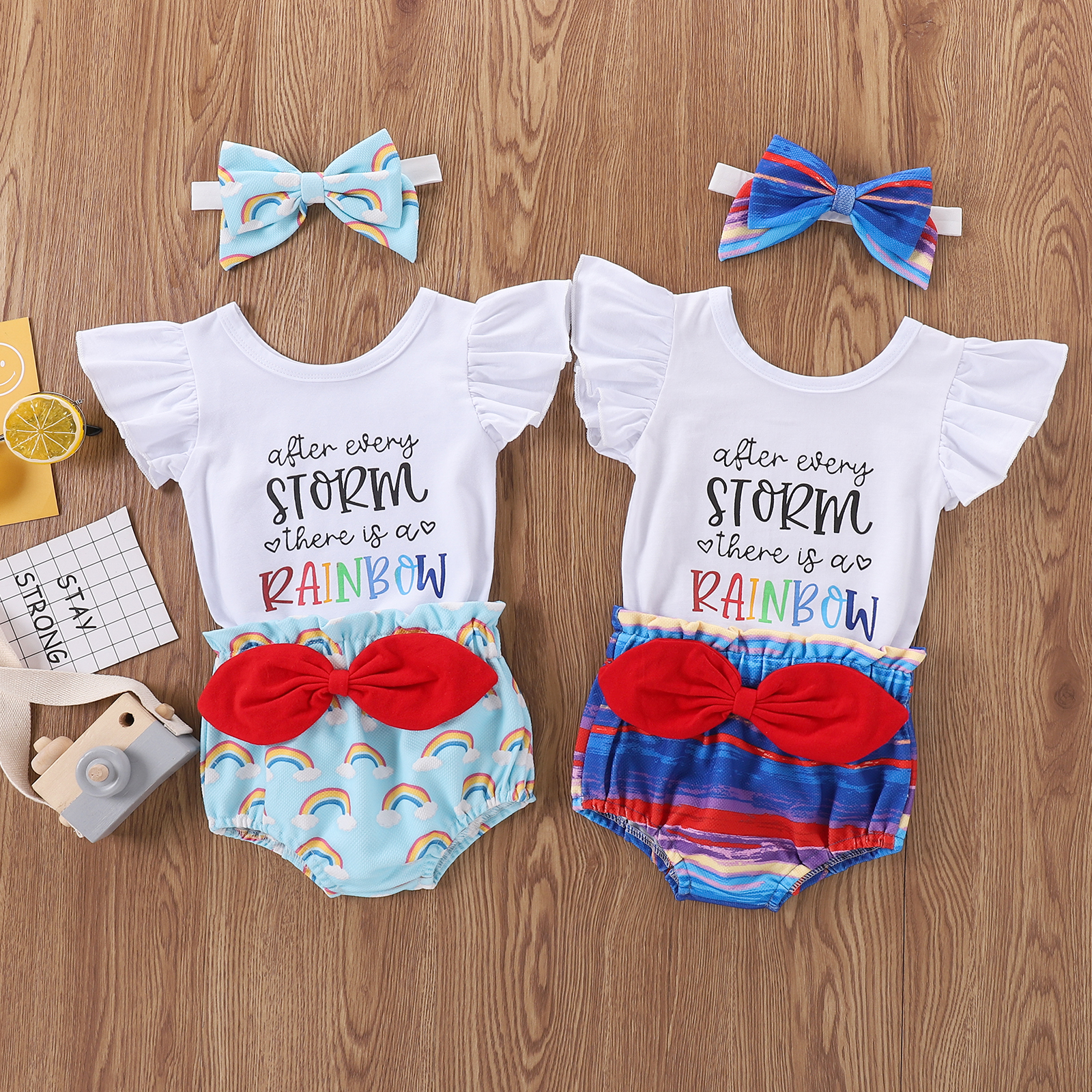 

3pcs Baby Girl Short-sleeve Cotton Sweet Rainbow Baby's Sets