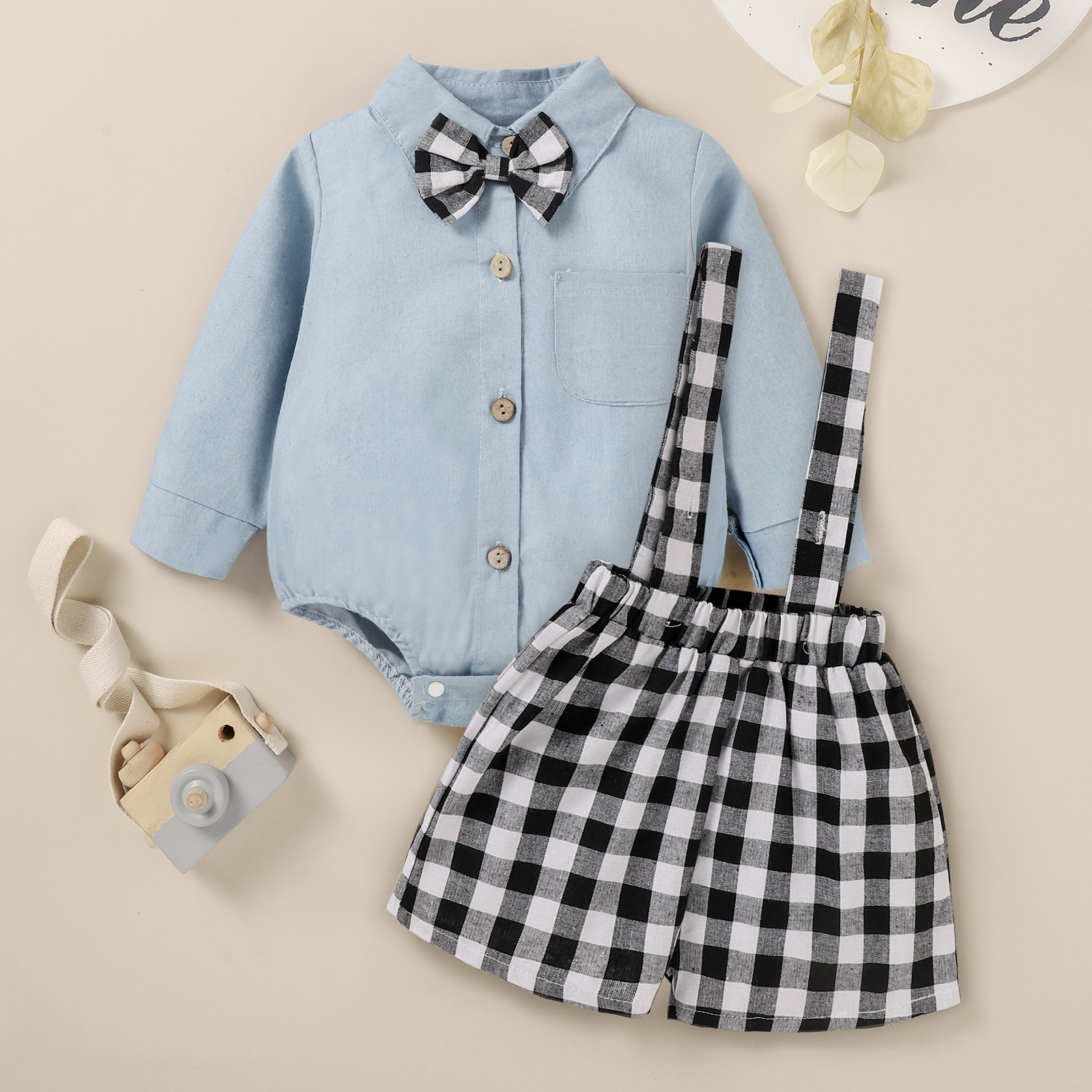 

2pcs Plaid Print Bow Tie Decor Long-sleeve Blue Baby Set