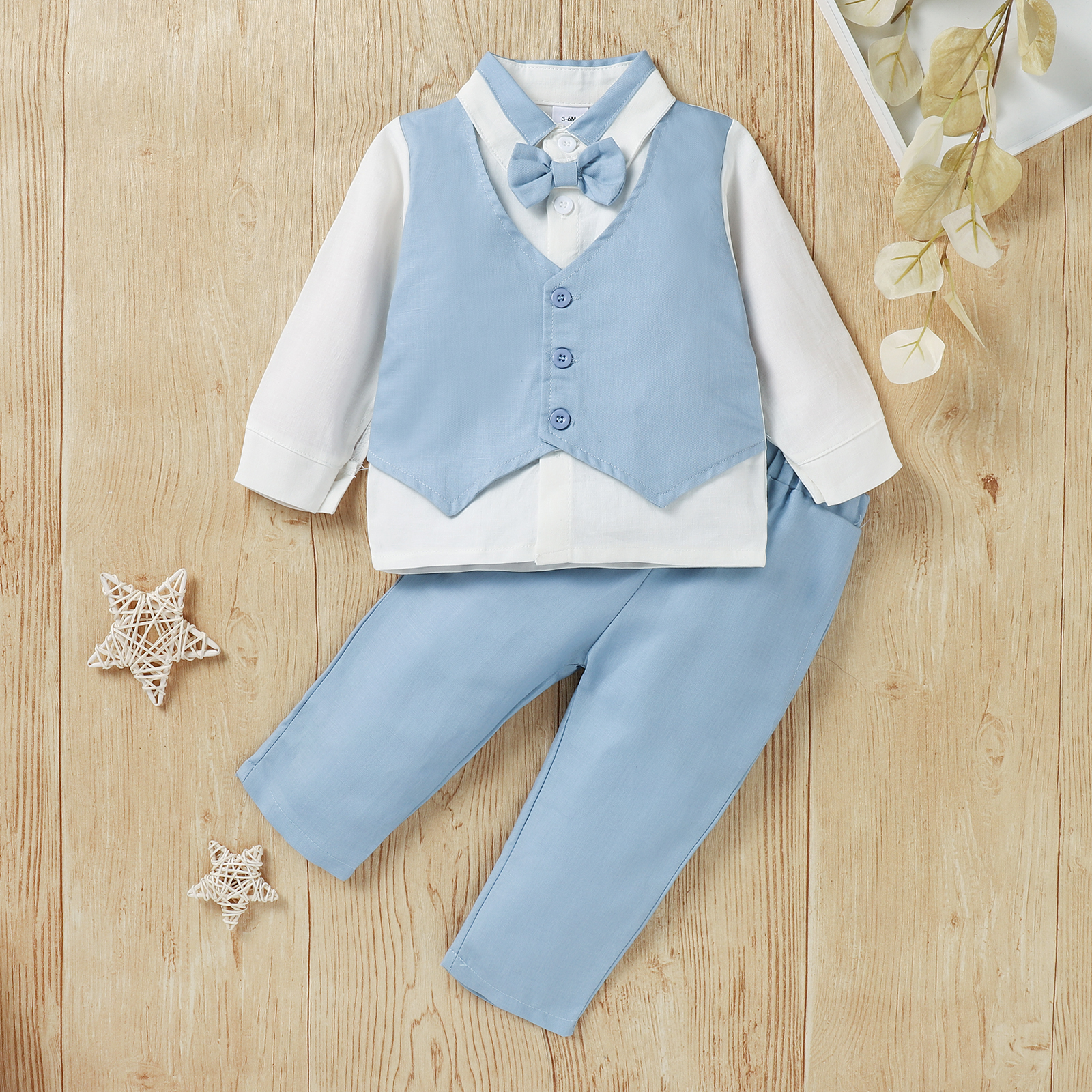 

2pcs Faux-two Design Bow Tie Decor Long-sleeve Blue Baby Set