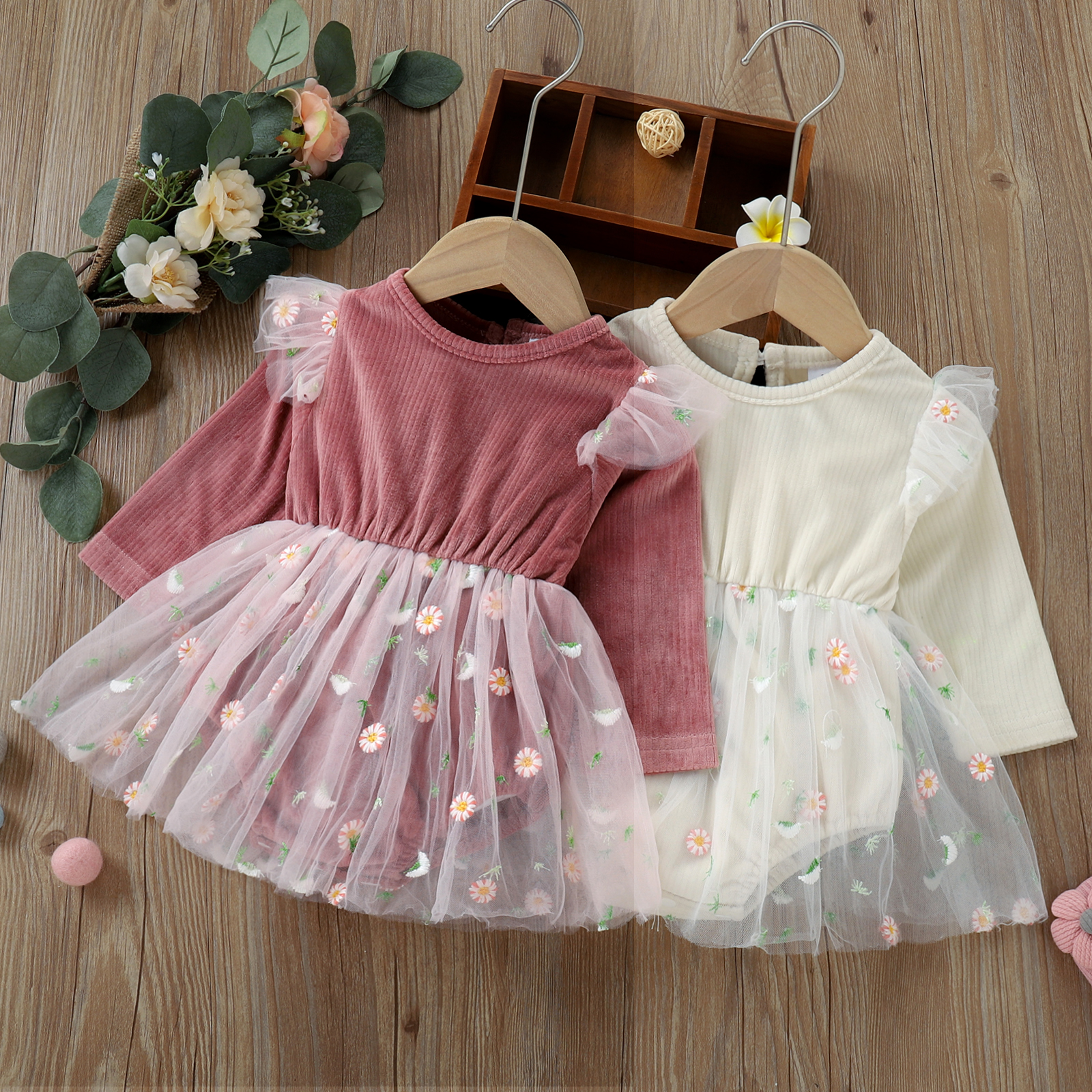 

Solid Floral Embroidery Mesh Decor Long-sleeve Baby Dress