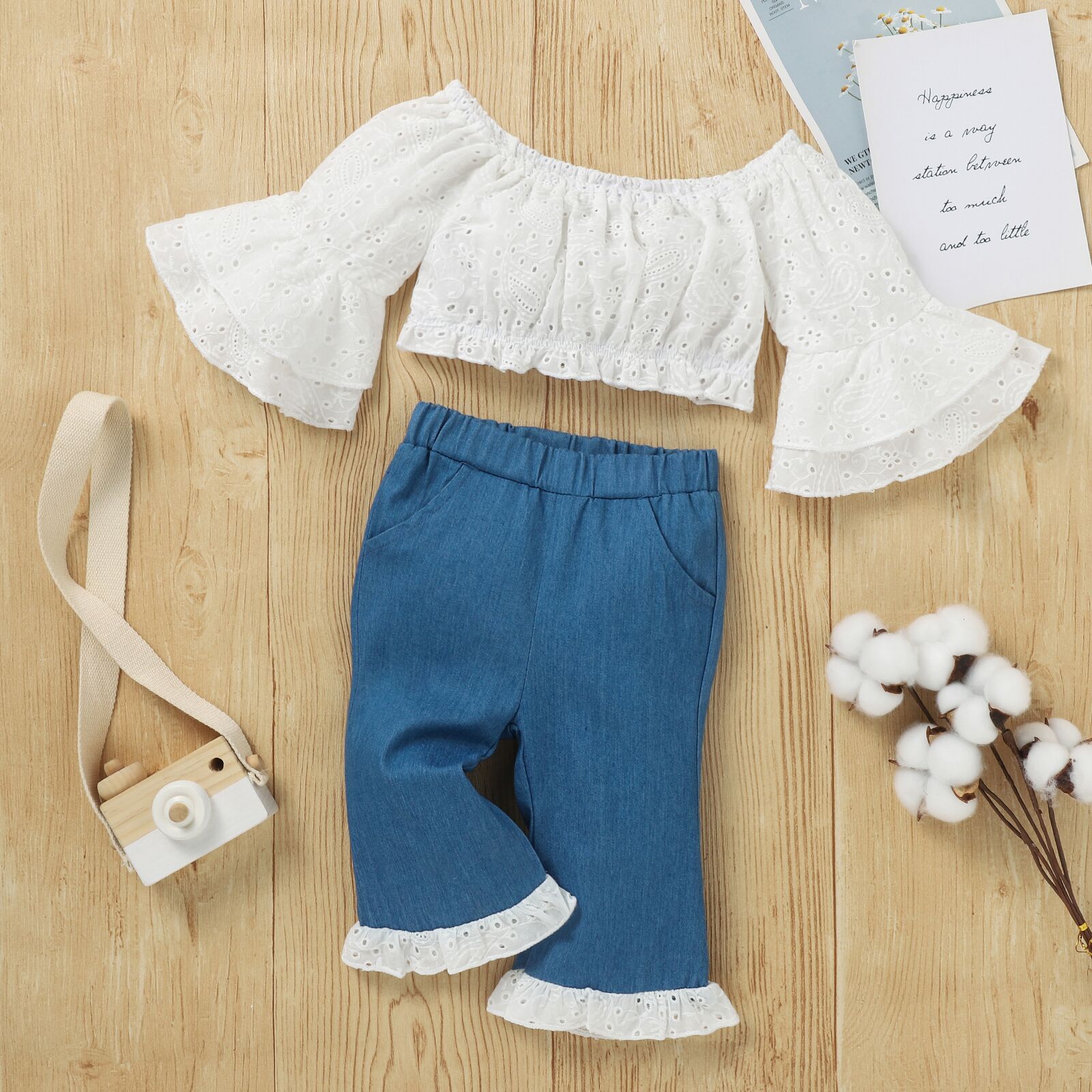 

100% Cotton Hollow Flare-sleeve Top and Denim Jeans Set