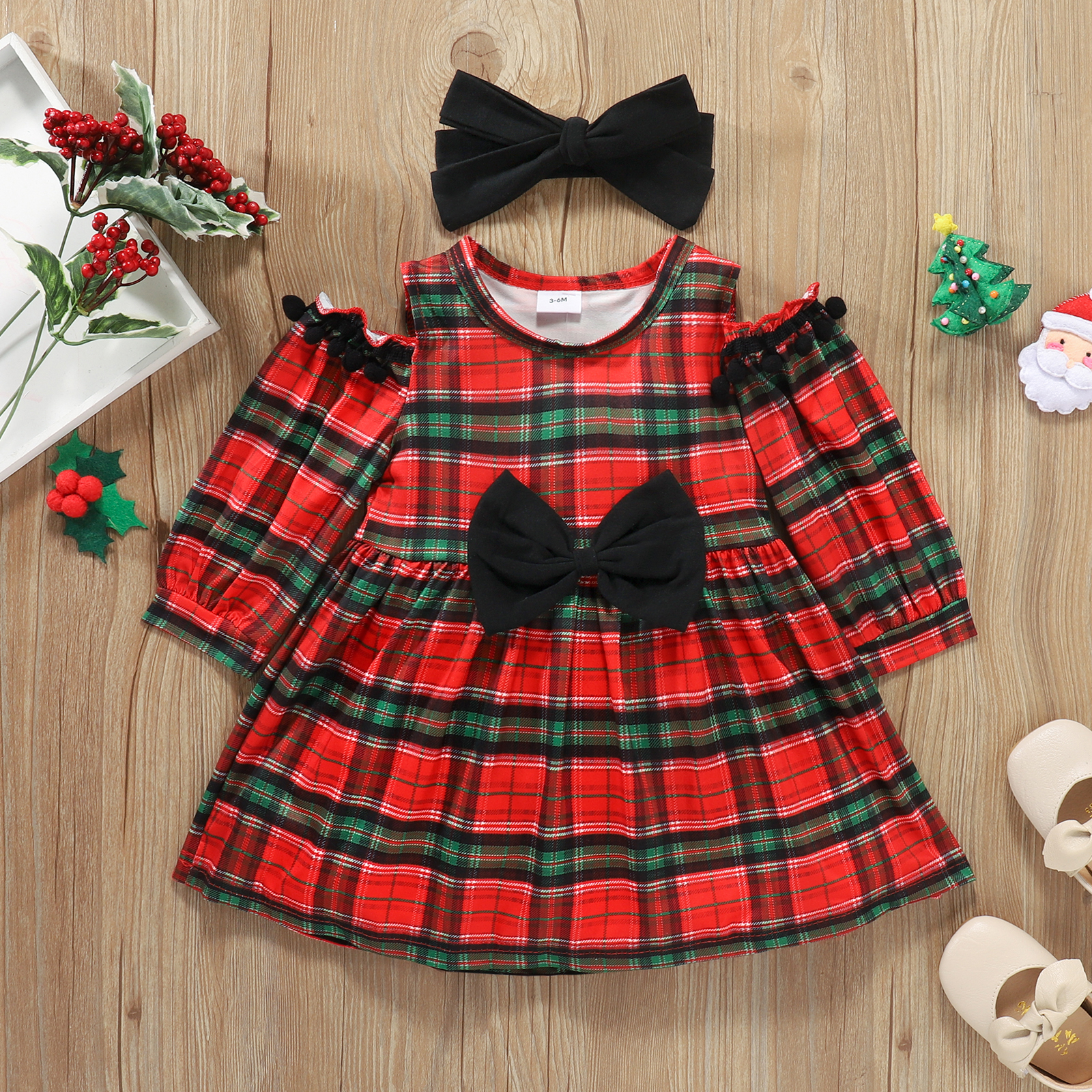 

Baby 2pcs Christmas Red Plaid Off Shoulder Long-sleeve Bowknot Dress Set