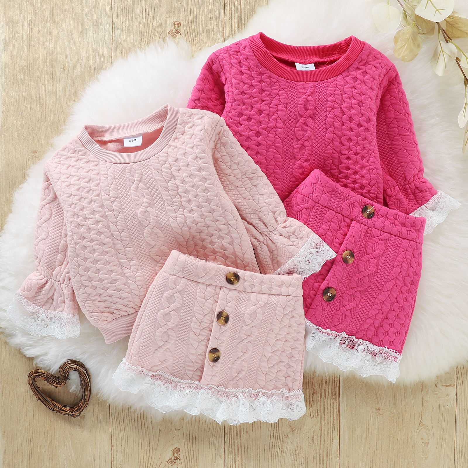 

2pcs Solid Jacquard Lace Decor Long-sleeve Rose Pink Baby Set