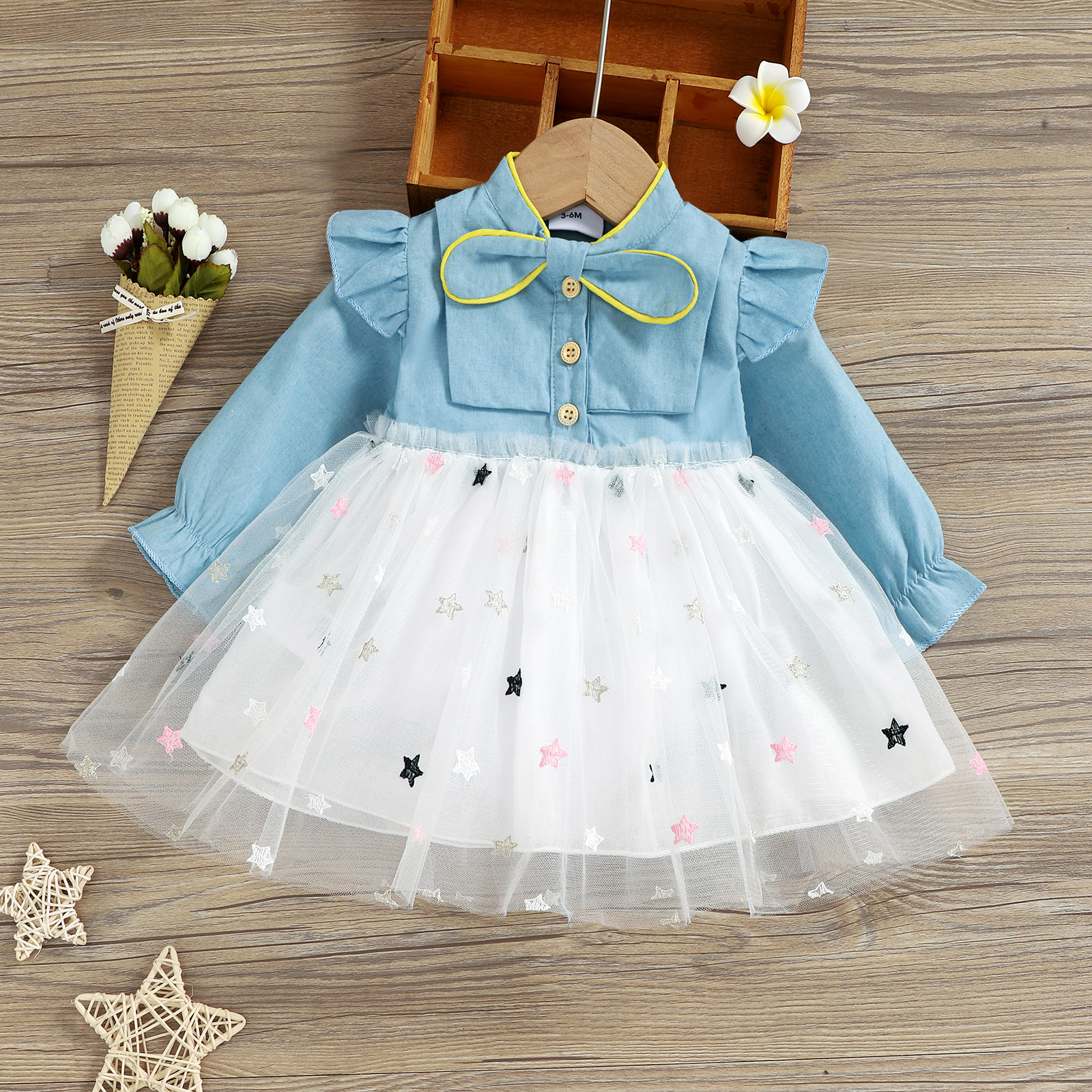 

Star Embroidered Mesh Splicing Blue Denim Ruffle Long-sleeve Baby Dress