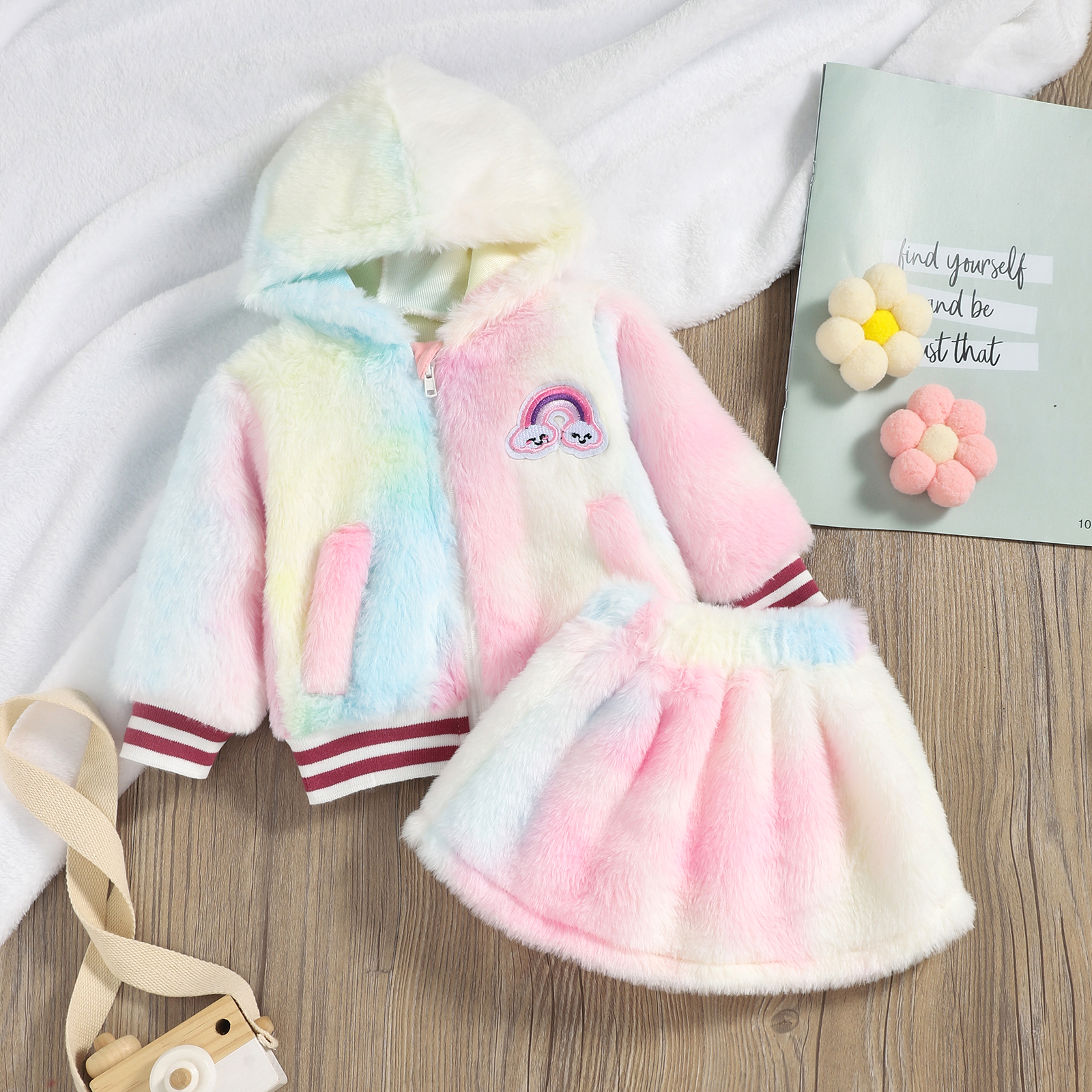 

2pcs Baby Tie Dye Fleece Long-sleeve Hooded Coat and Mini Skirt Set