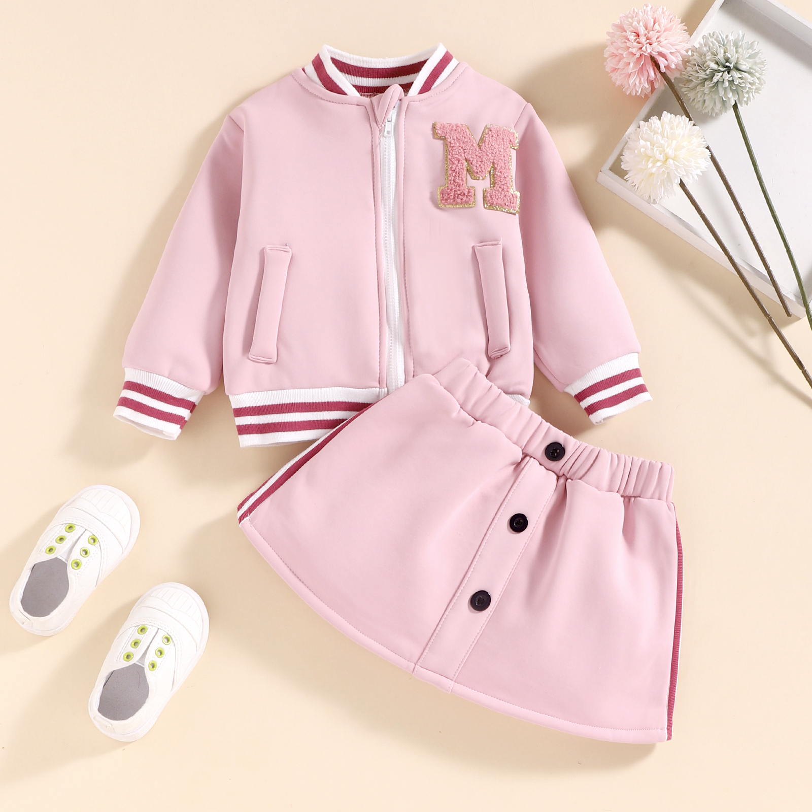 

2pcs Baby Pink Fleece Lined Long-sleeve Baseball Jacket and Mini Skirt Set