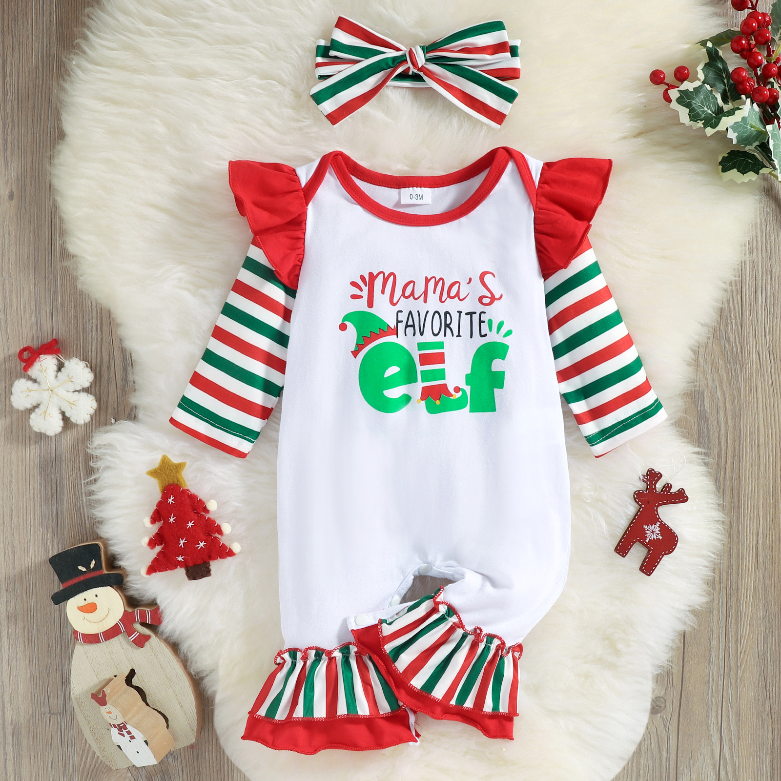 

Christmas 2pcs Letter print Splicing Striped Long-sleeve Ruffle Baby Jumpsuit Set