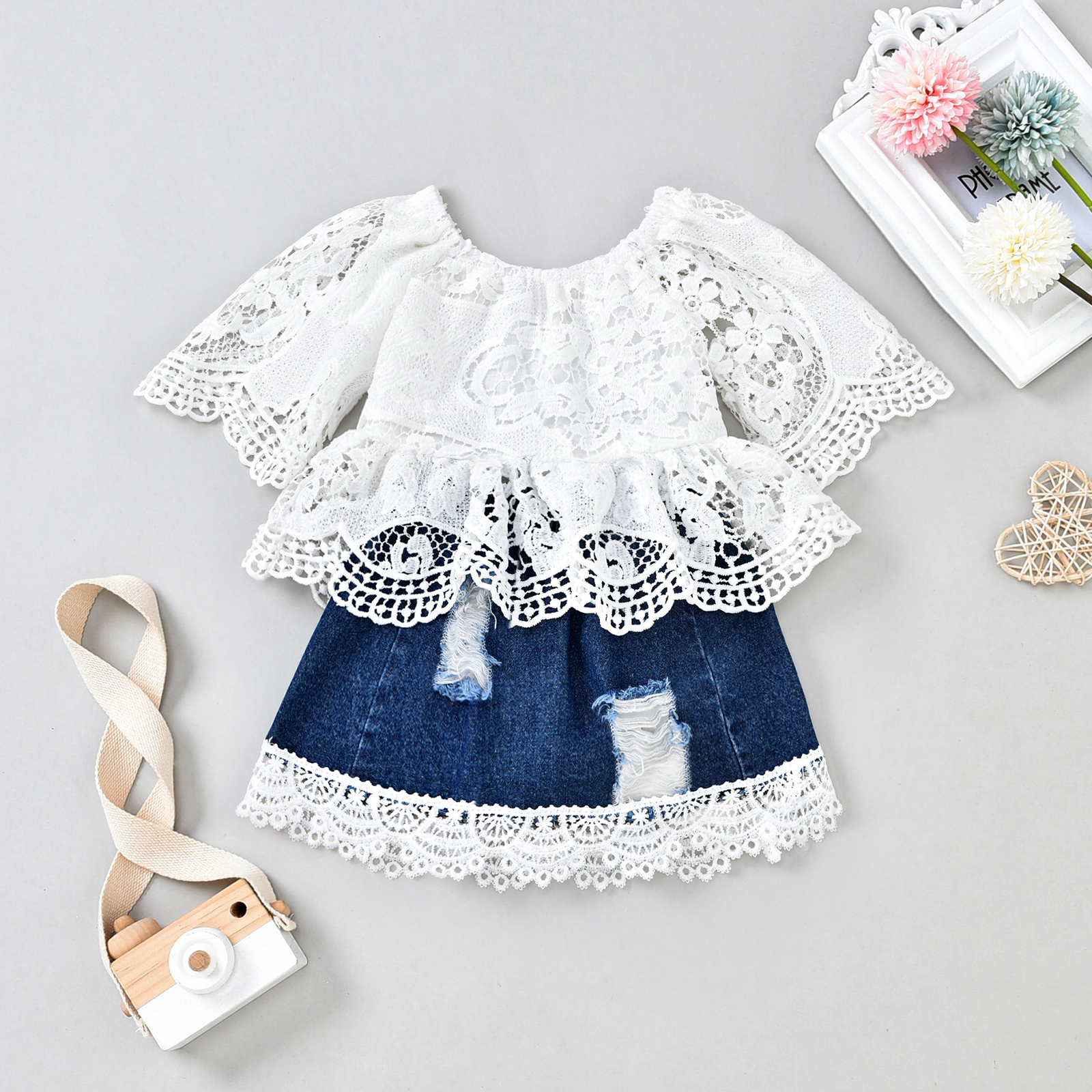 

2pcs Baby Hollow Out Floral Lace Long-sleeve Top and Ripped Denim Skirt Set