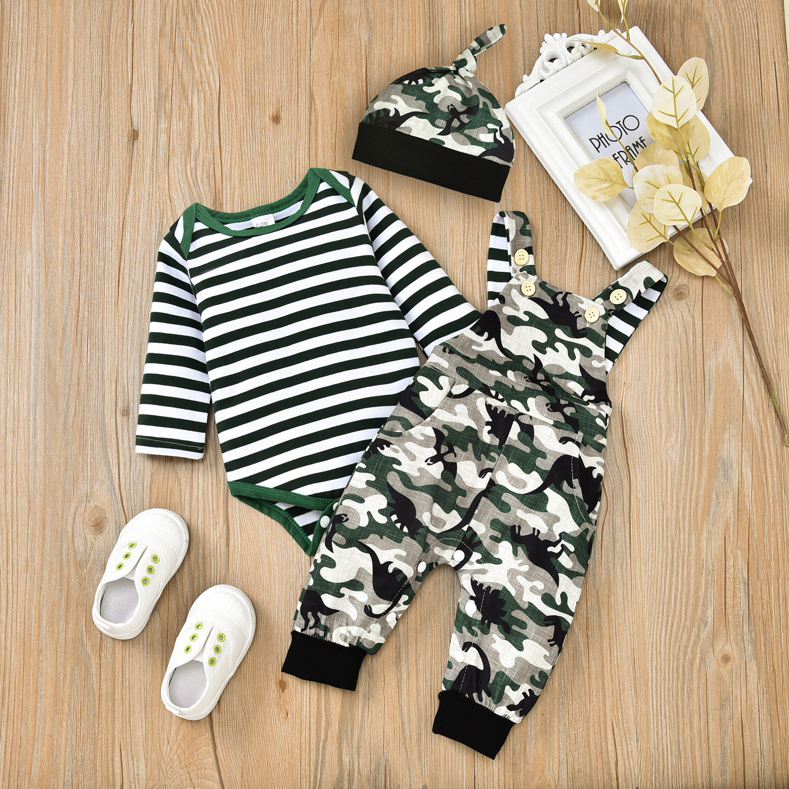 

3pcs Baby Striped Long-sleeve Romper and Camouflage Overalls Set