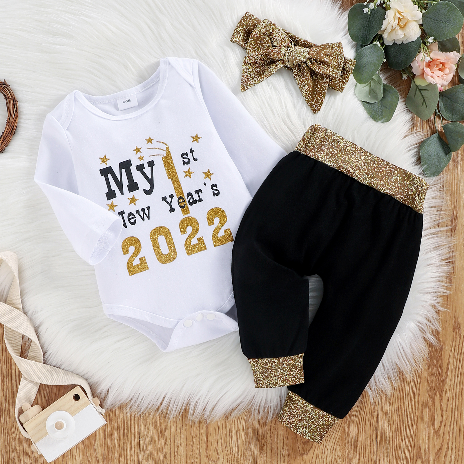 

New Year 3pcs Baby Girl Letter and Number Print Long-sleeve Romper with Trousers Set