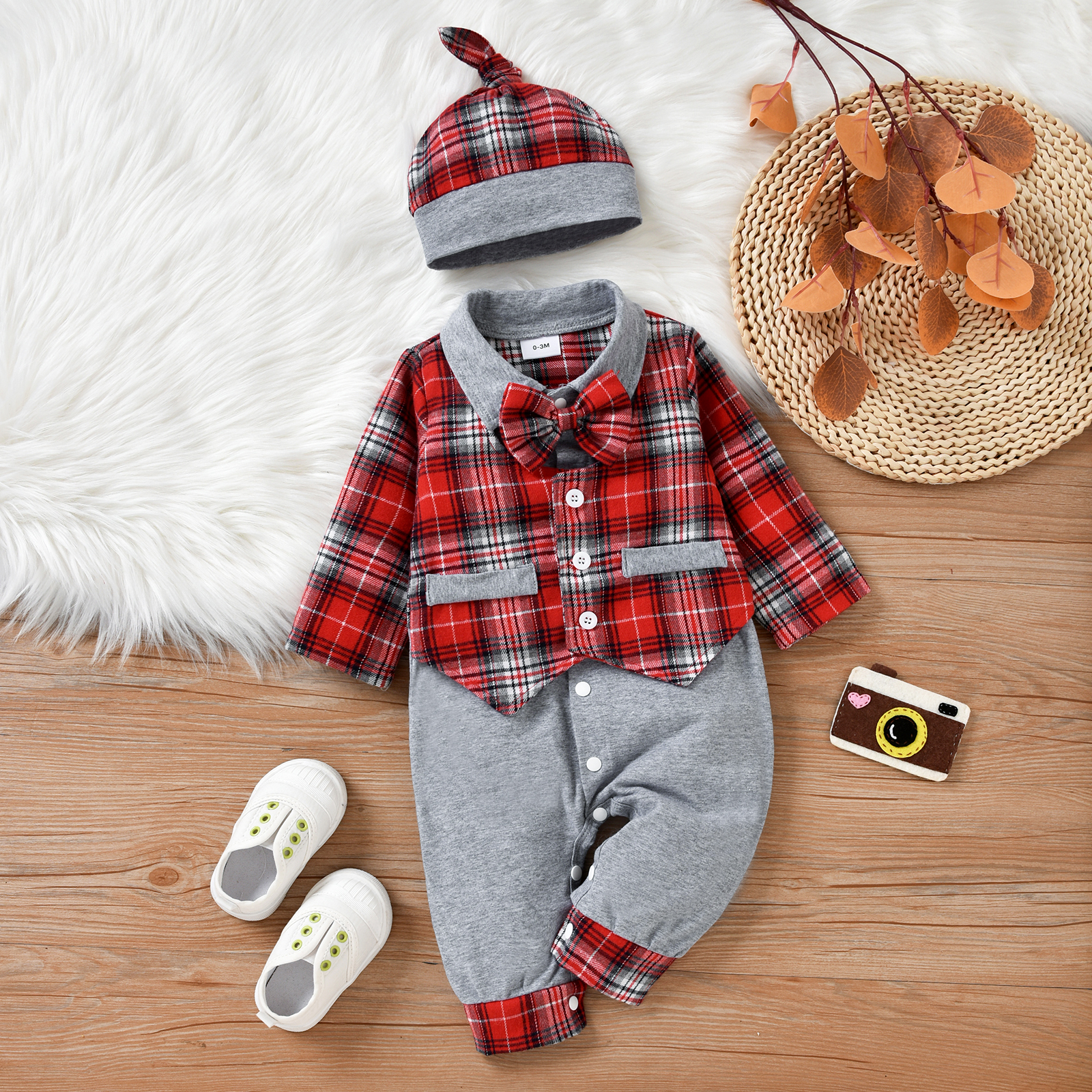 

Christmas 2pcs Red Plaid Bow Tie Lapel Long-sleeve Faux-two Jumpsuit Set
