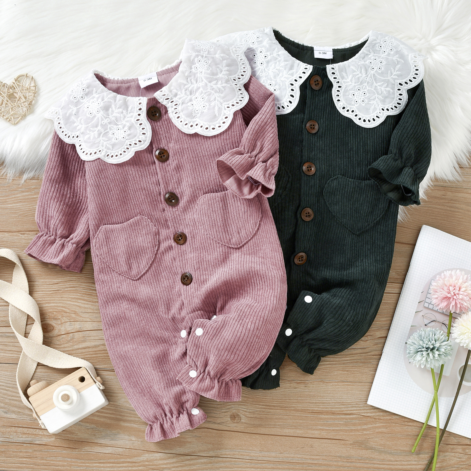 

Doll Collar Pink Corduroy Long-sleeve Baby Jumpsuit