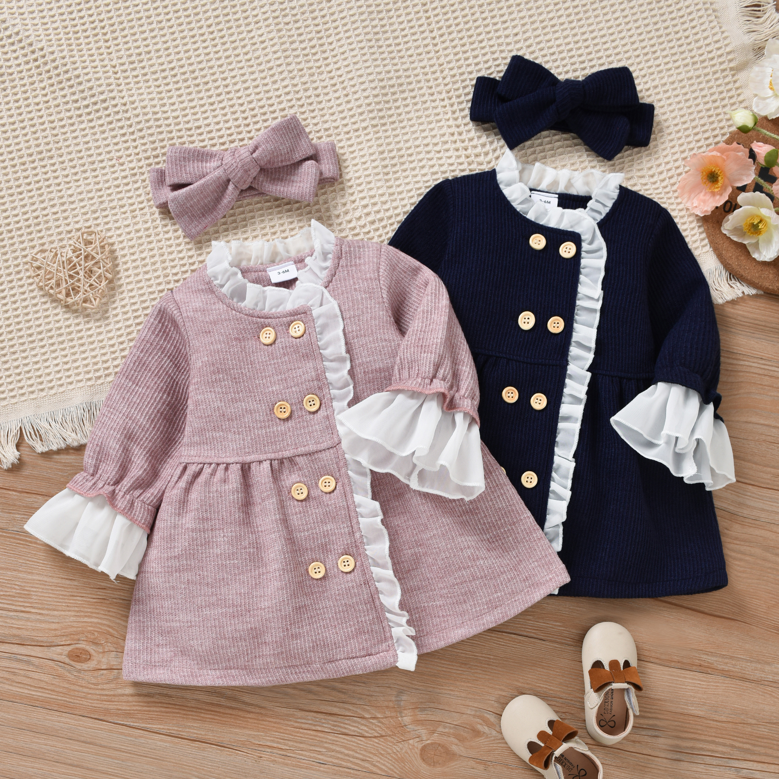 

2-piece Baby Girl Ruffled Double Breasted Long-sleeve Dress and Headband Set