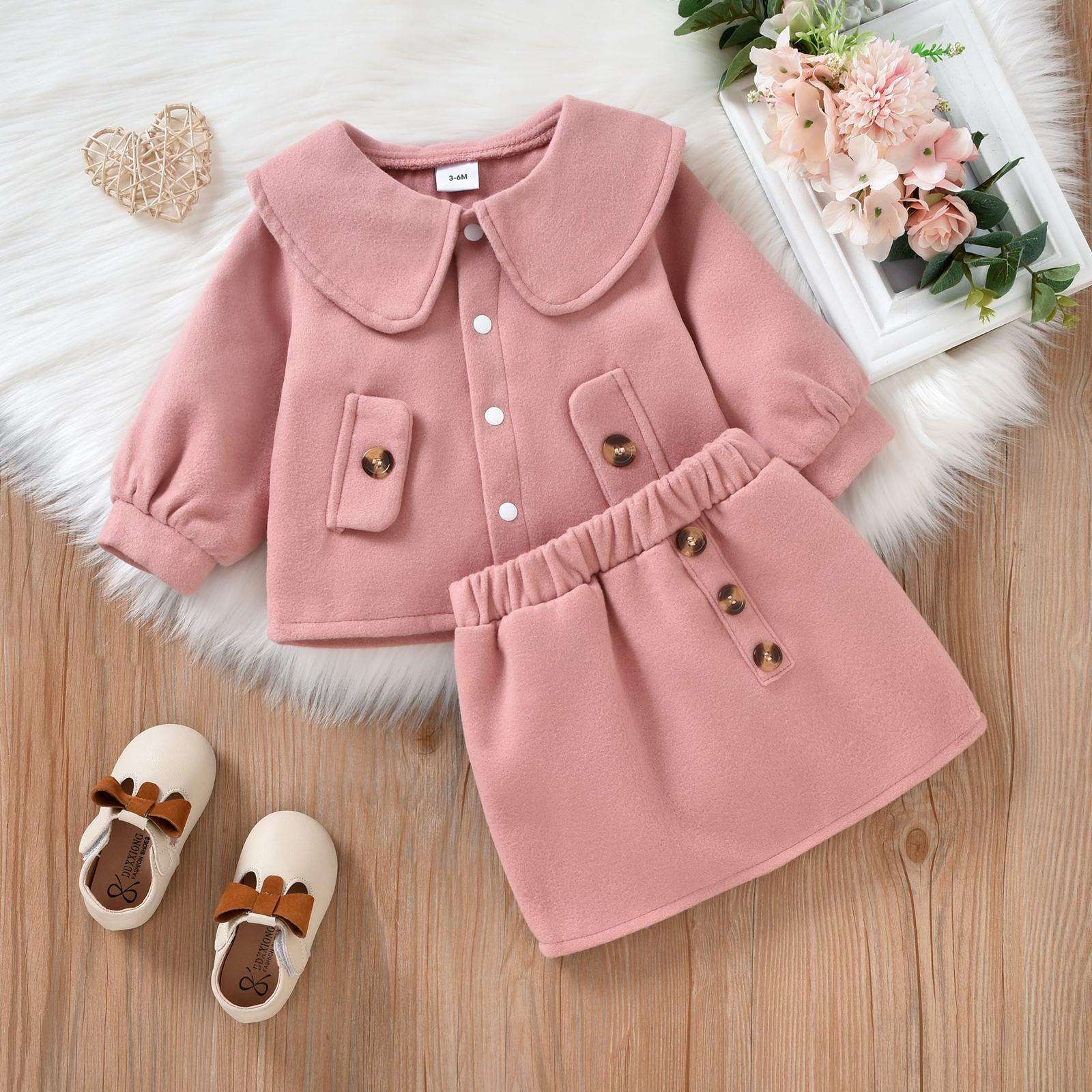 

2pcs Baby Girl Pink Doll Collar Long-sleeve Wool Blend Coat and Mini Skirt Set