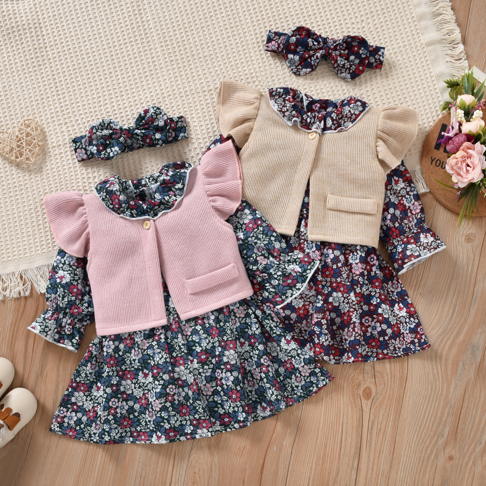 

3pcs Baby Girl All Over Floral Print Ruffle Long-sleeve Dress and Solid Knitted Top Set