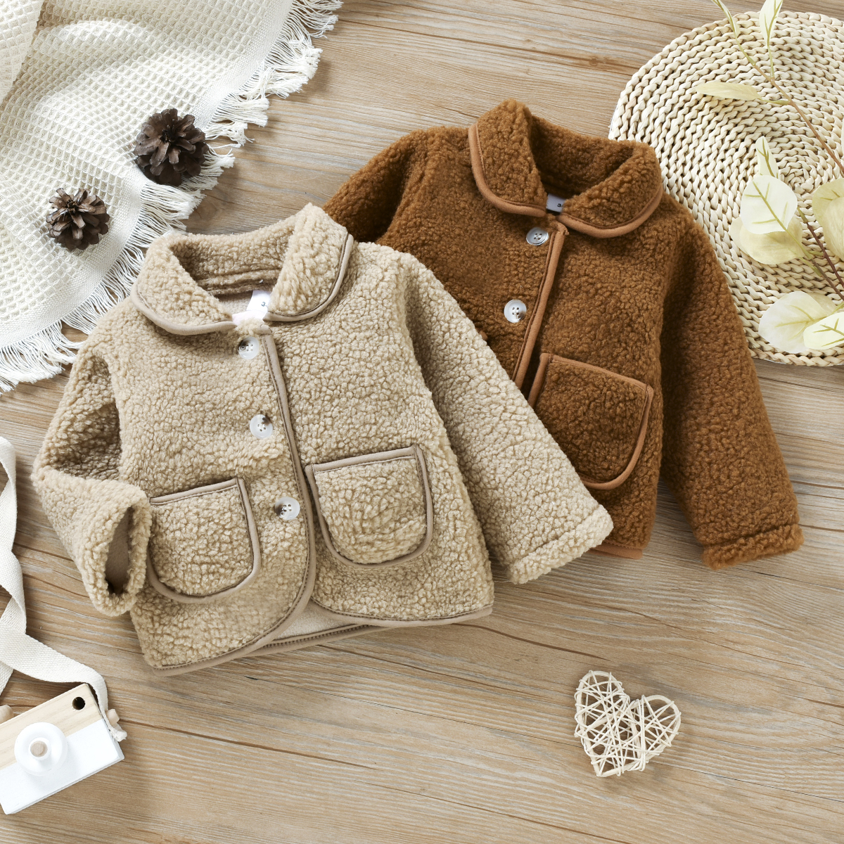 

Baby Boy Solid Thickened Fleece Button Down Long-sleeve Coat Jacket