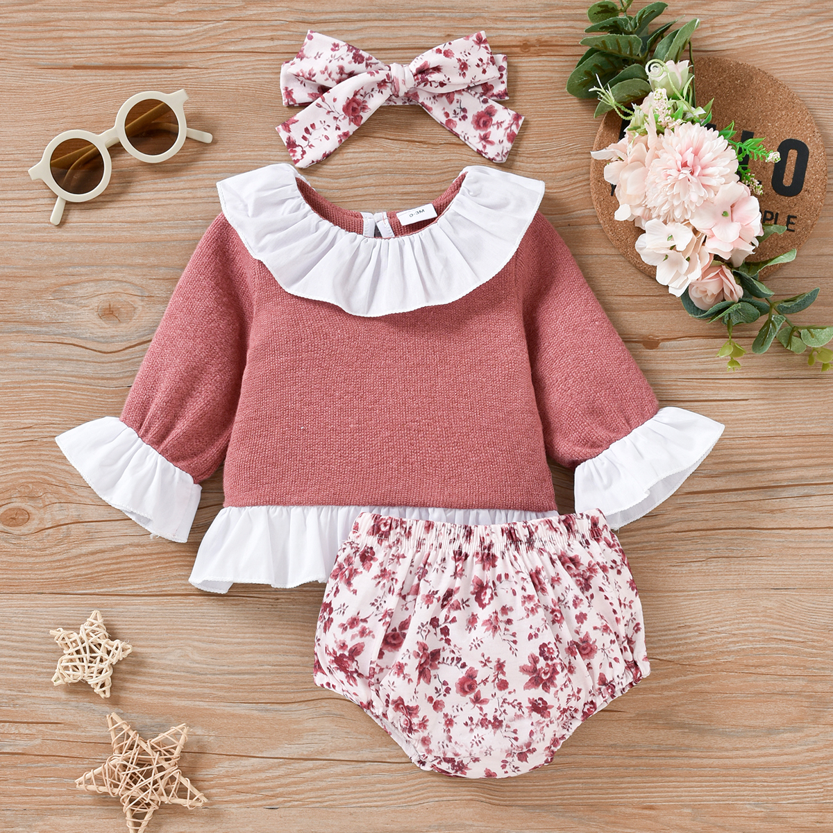 

3pcs Baby Girl Knitted Ruffled Long-sleeve Top and Floral Print Shorts Set
