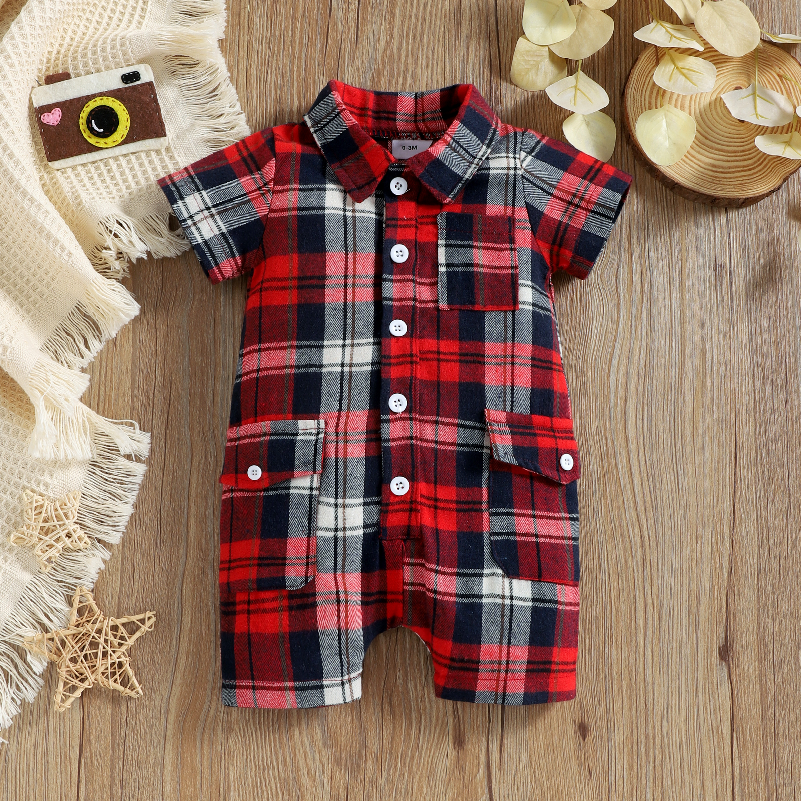 

Baby Boy Red Plaid Button Front Short-sleeve Shirt Romper