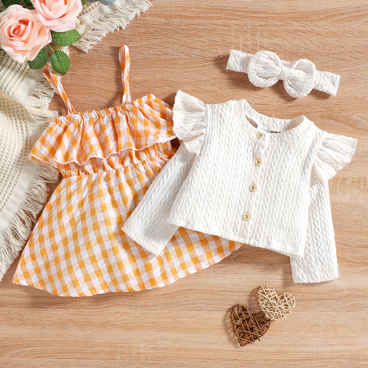 

3pcs Baby Girl Cable Knit Long-sleeve Cardigan with 100% Cotton Plaid Spaghetti Strap Dress and Headband Set