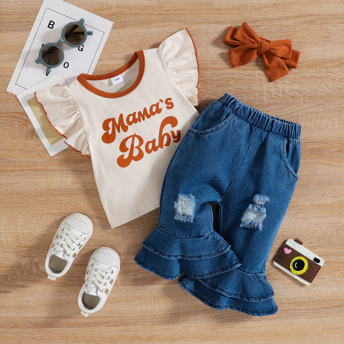 

2pcs Baby Girl Letter Print Ruffle-sleeve Top and 100% Cotton Bell Bottom Ripped Jeans with Headband Set