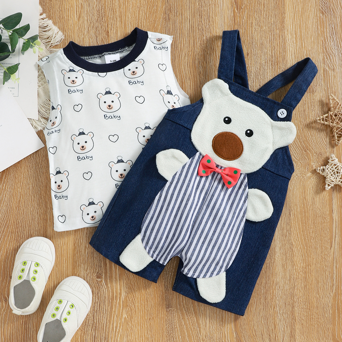 

2pcs Baby Boy 100% Cotton Denim Overalls Shorts and Cartoon Bear Design Sleeveless Tank Top Set