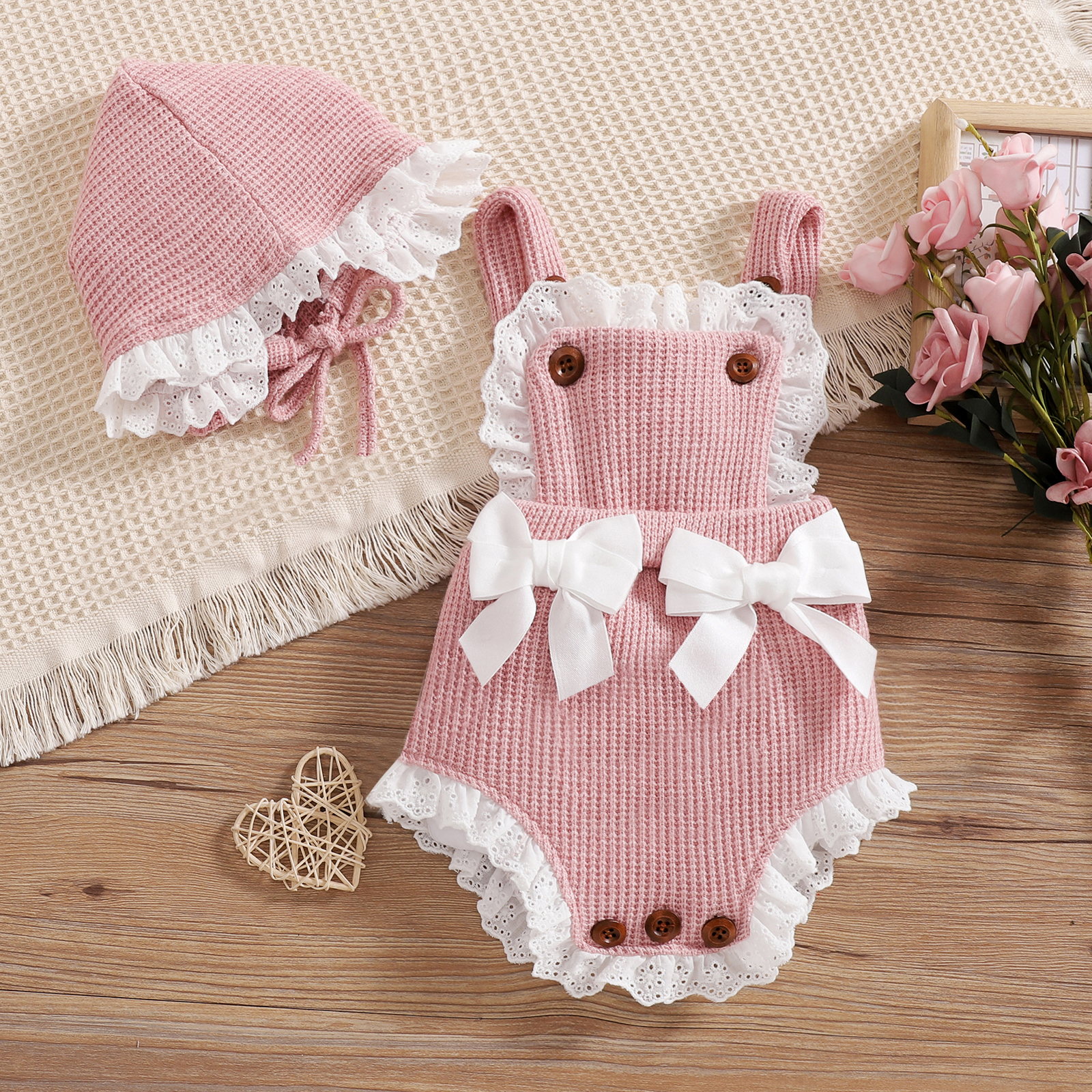 

2pcs Baby Girl Pink Knitted Sleeveless Lace Bowknot Romper with Hat Set