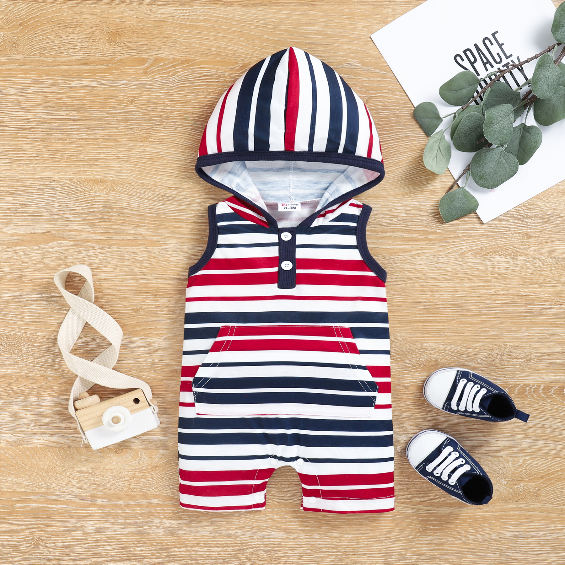 

Baby Boy Striped Button Up Hooded Tank Romper