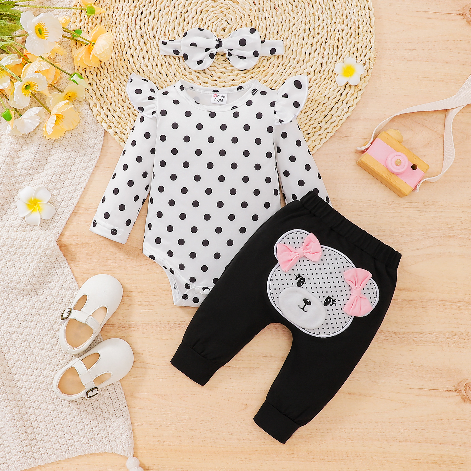 

3pcs Baby Girl 95% Cotton Bear Graphic Bow Decor Pants and Polka Dot Print Ruffle Long-sleeve Romper with Headband Set