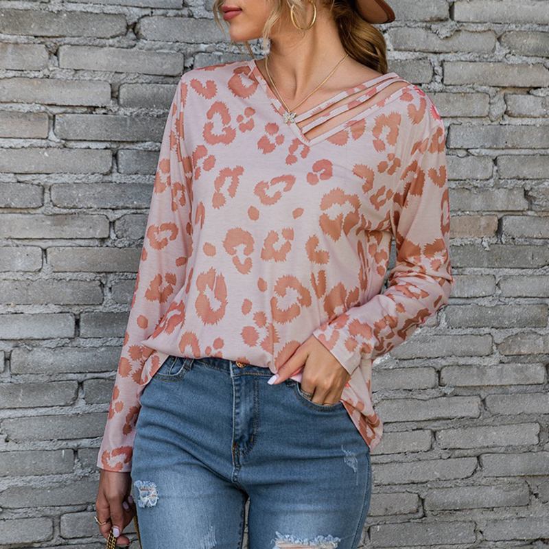 

V-neck Leopard full print long sleeve casual T-shirt