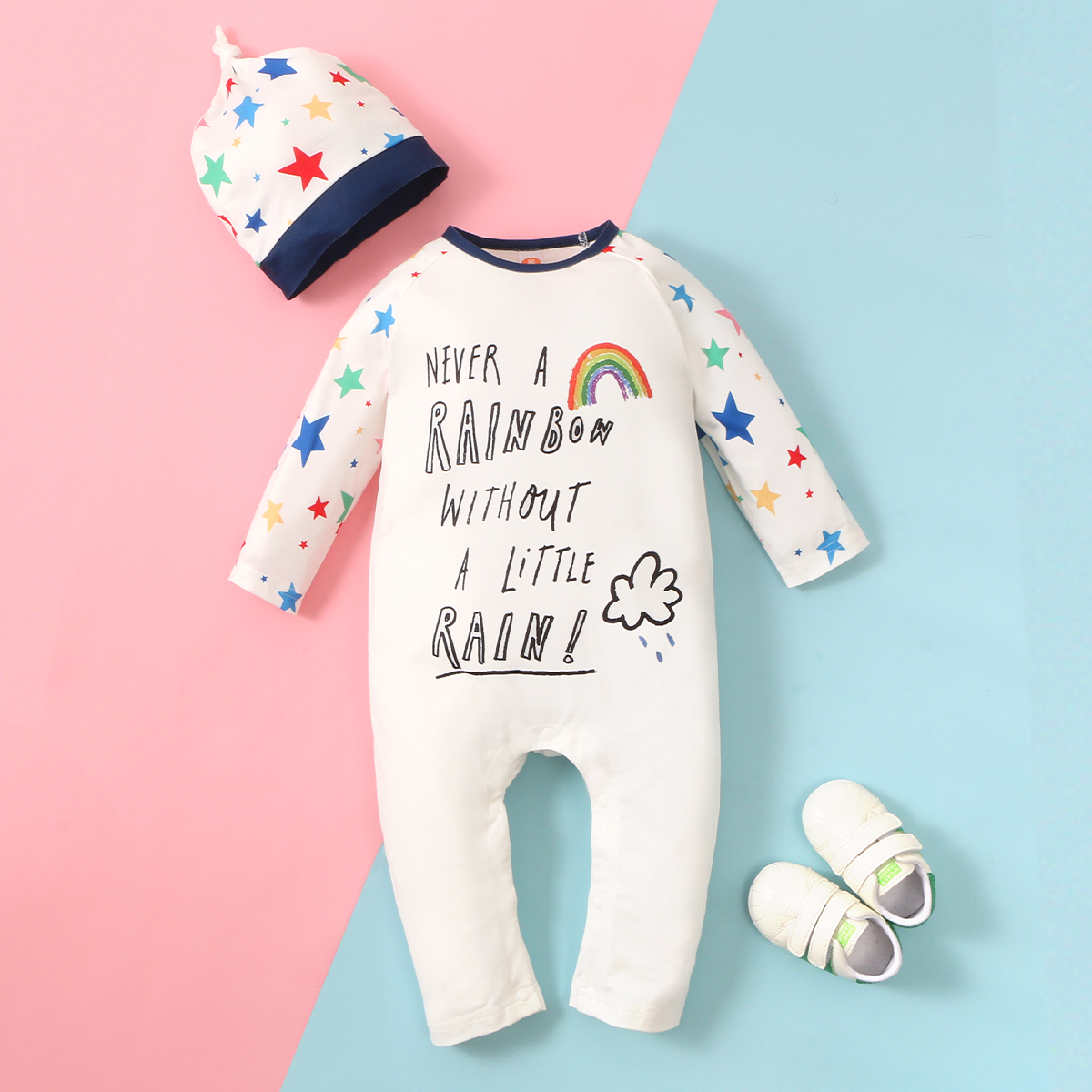 

2-piece Baby Letter Rainbow Stars Jumpsuit with Hat Set