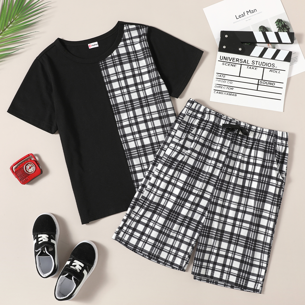 

Trendy Kid Boy Plaid Colorblock Pocket Shorts 2-piece Casual Suits