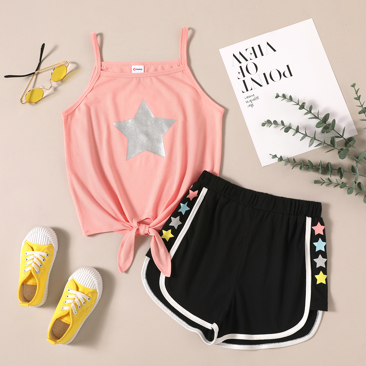 

Kid Girl Colorful Stars Bowknot Slip Top & Shorts Sports Sets