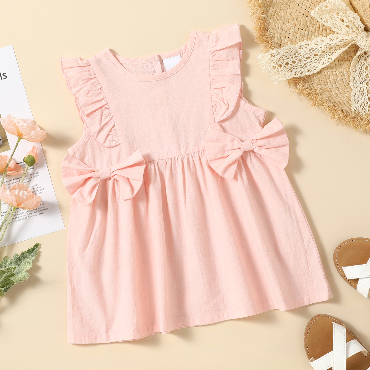 

100% Cotton Solid Color Sleeveless Pink Baby Dress