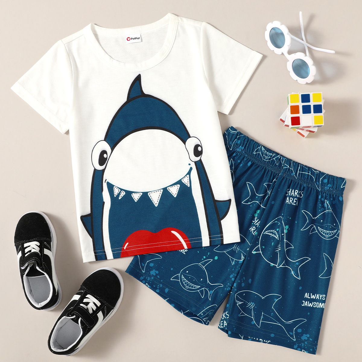 

Toddler Boy Cute Shark Print Top And Shorts