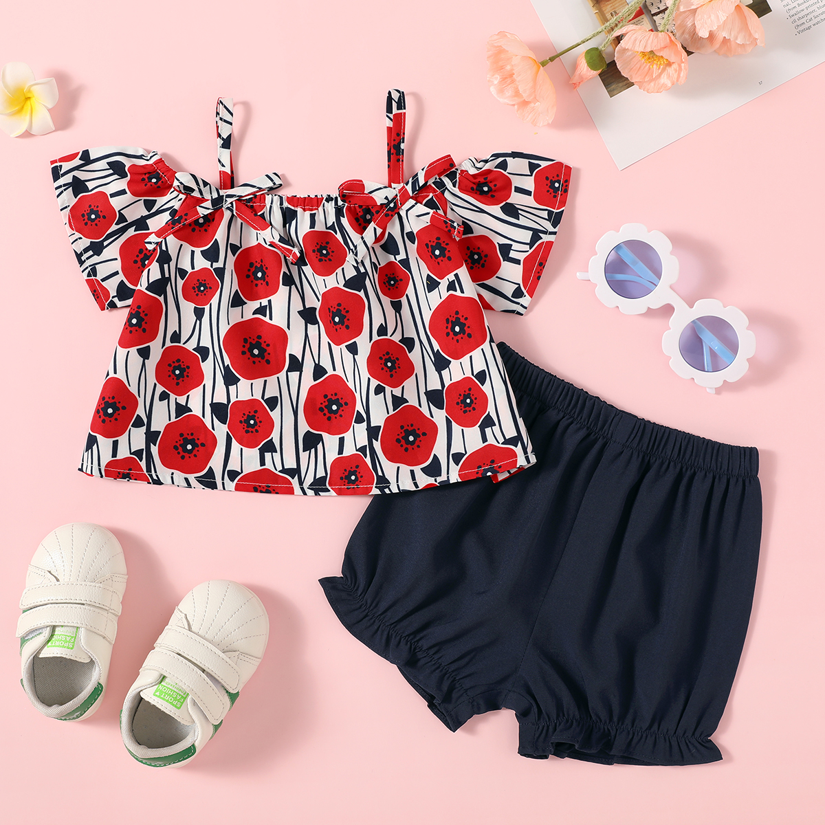 

2pcs Baby Girl Off Shoulder Floral Print Shorts Baby Sets