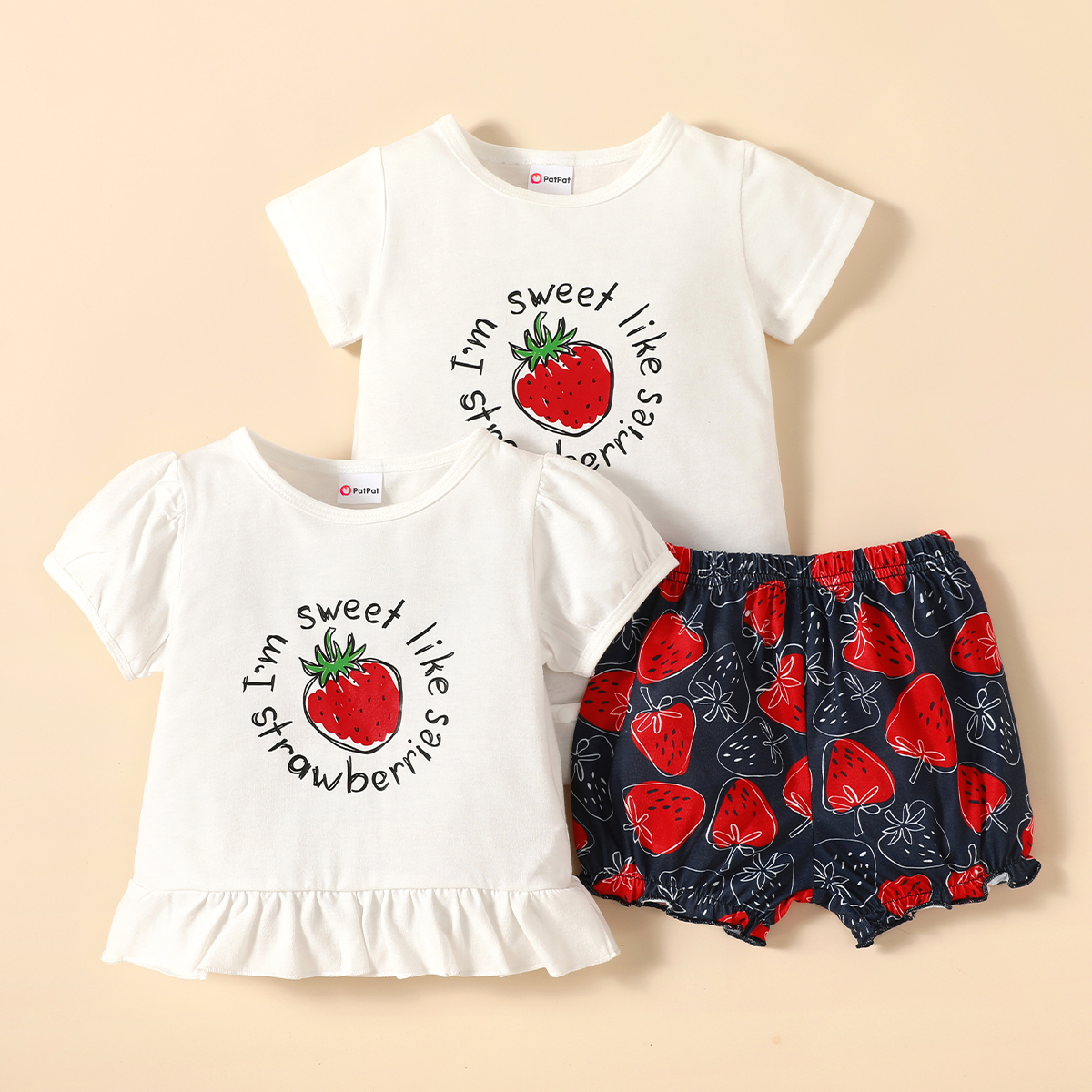 

3pcs Baby Girl Short-sleeve Letter Strawberry Print Baby's Sets