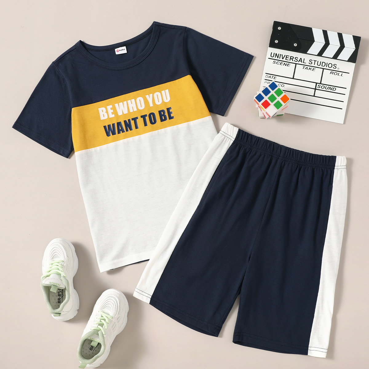

2-piece Kid Boy Letter Print Colorblock Short-sleeve T-shirt and Shorts Sporty Set